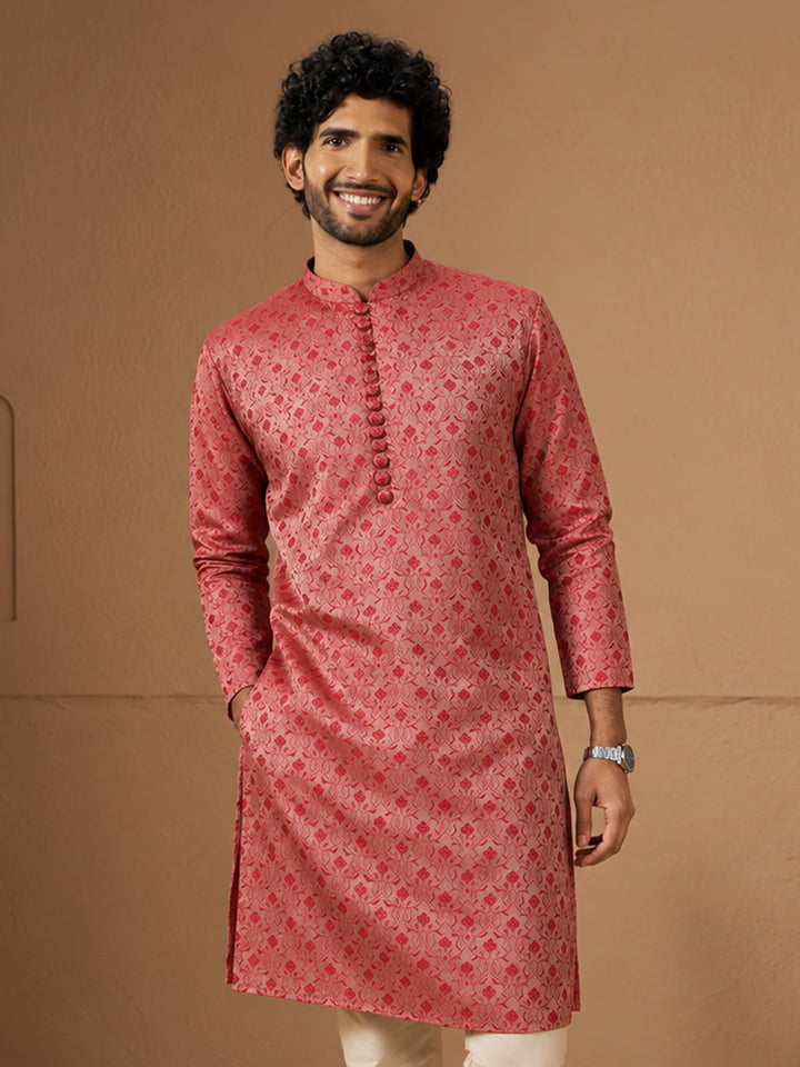 Men Red Silk Blend Kurta Festive, Diwali Ethnic Wear