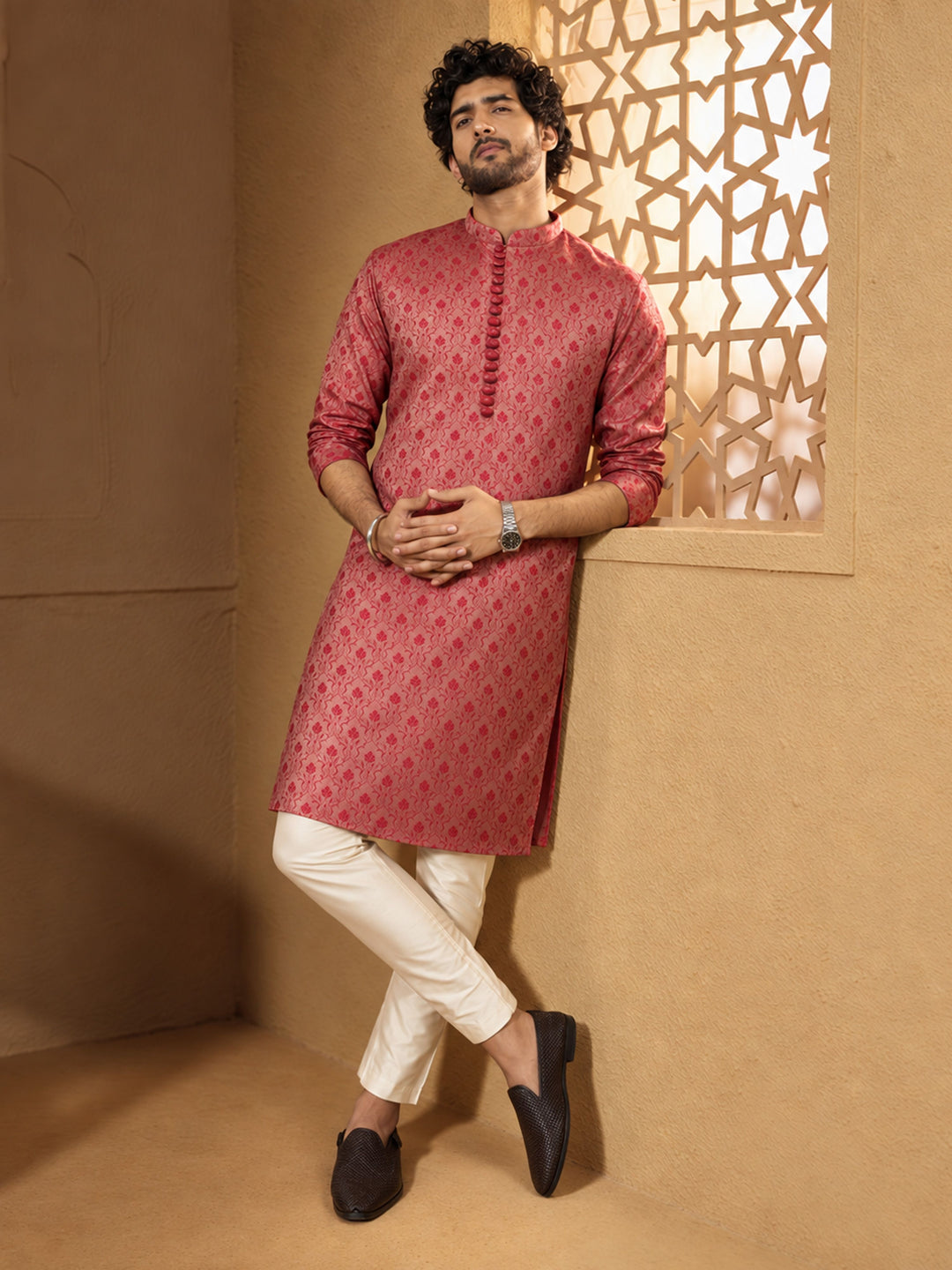 Men Red Silk Blend Kurta with Pyjama Festive, Diwali Ethnic Wear