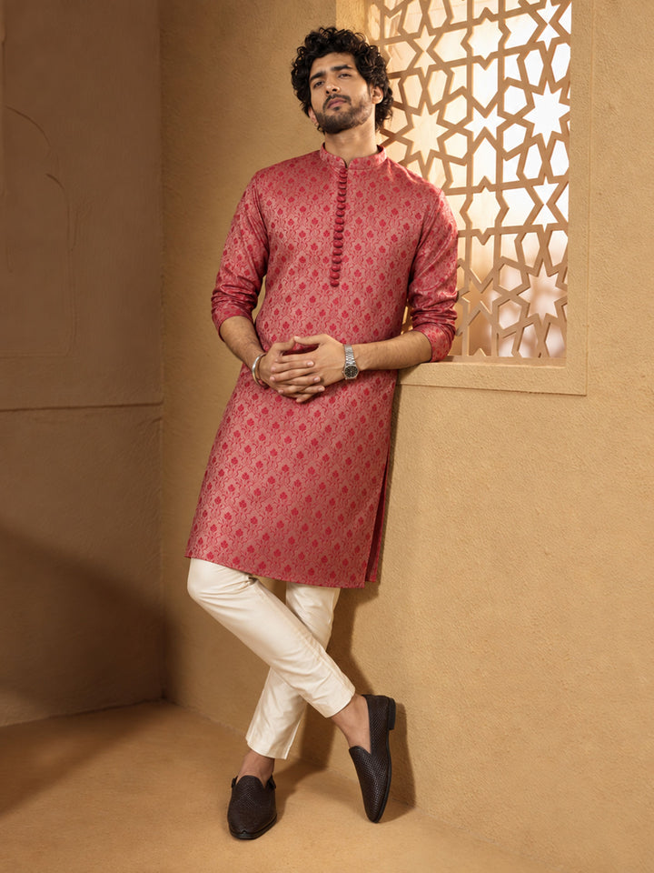 Men Red Silk Blend Kurta with Pyjama Festive, Diwali Ethnic Wear