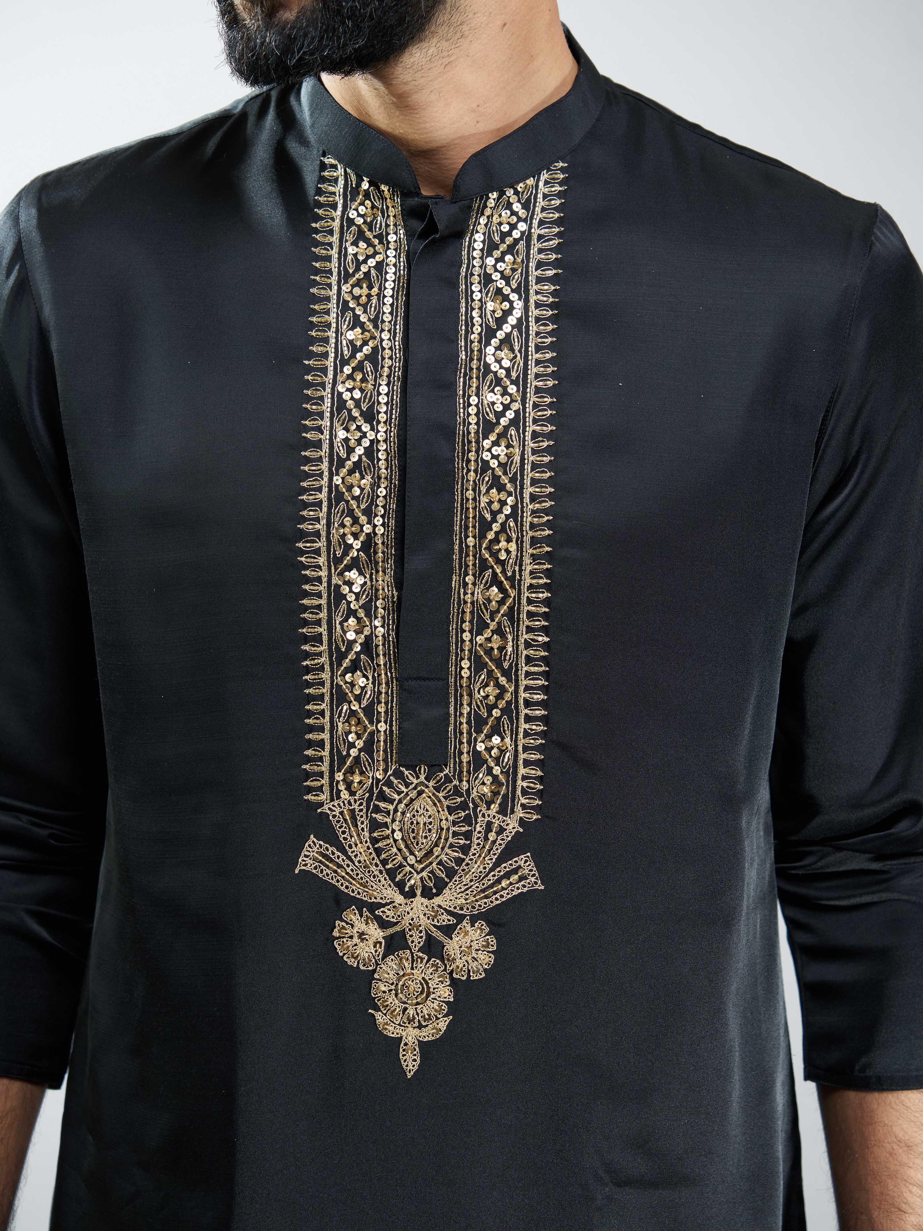 Men Black Silk Embroidered Kurta with Cream Satin Pyjama