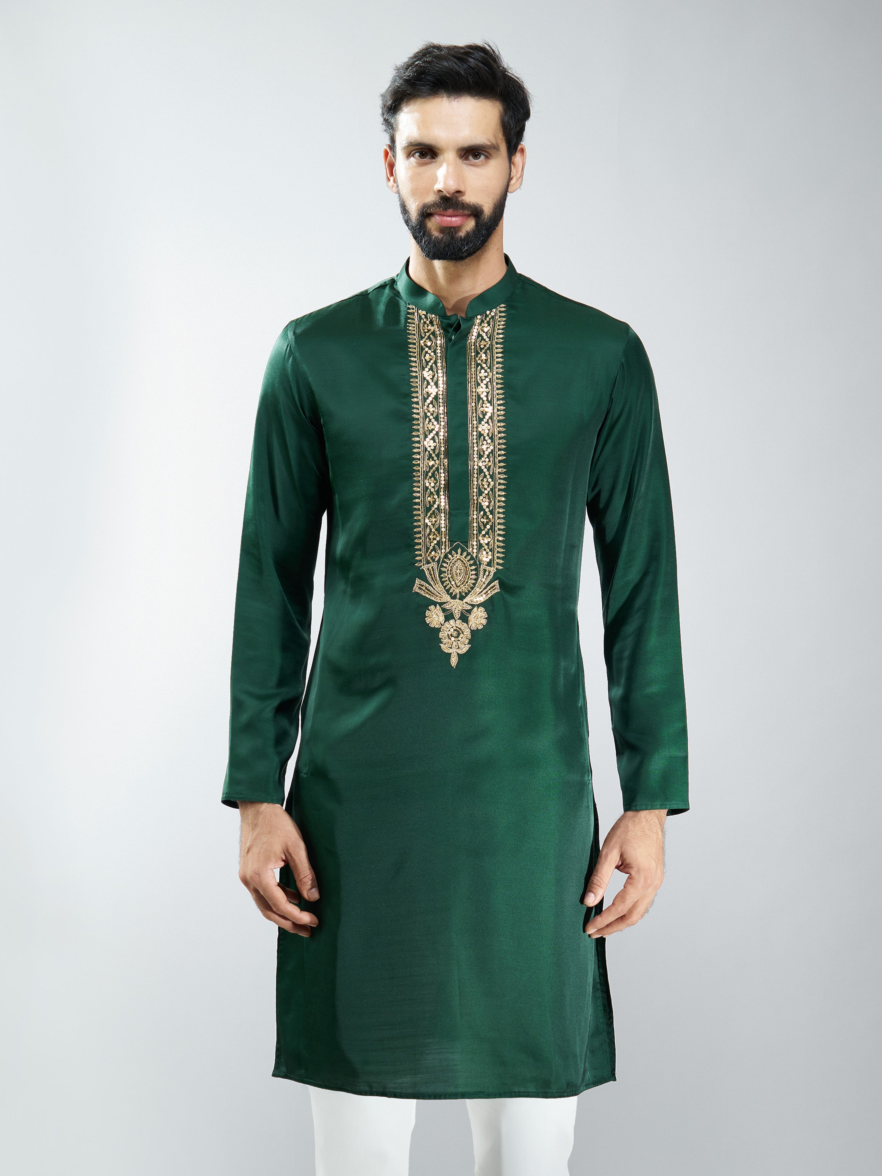 Men Bottle Green Silk Embroidered Kurta
