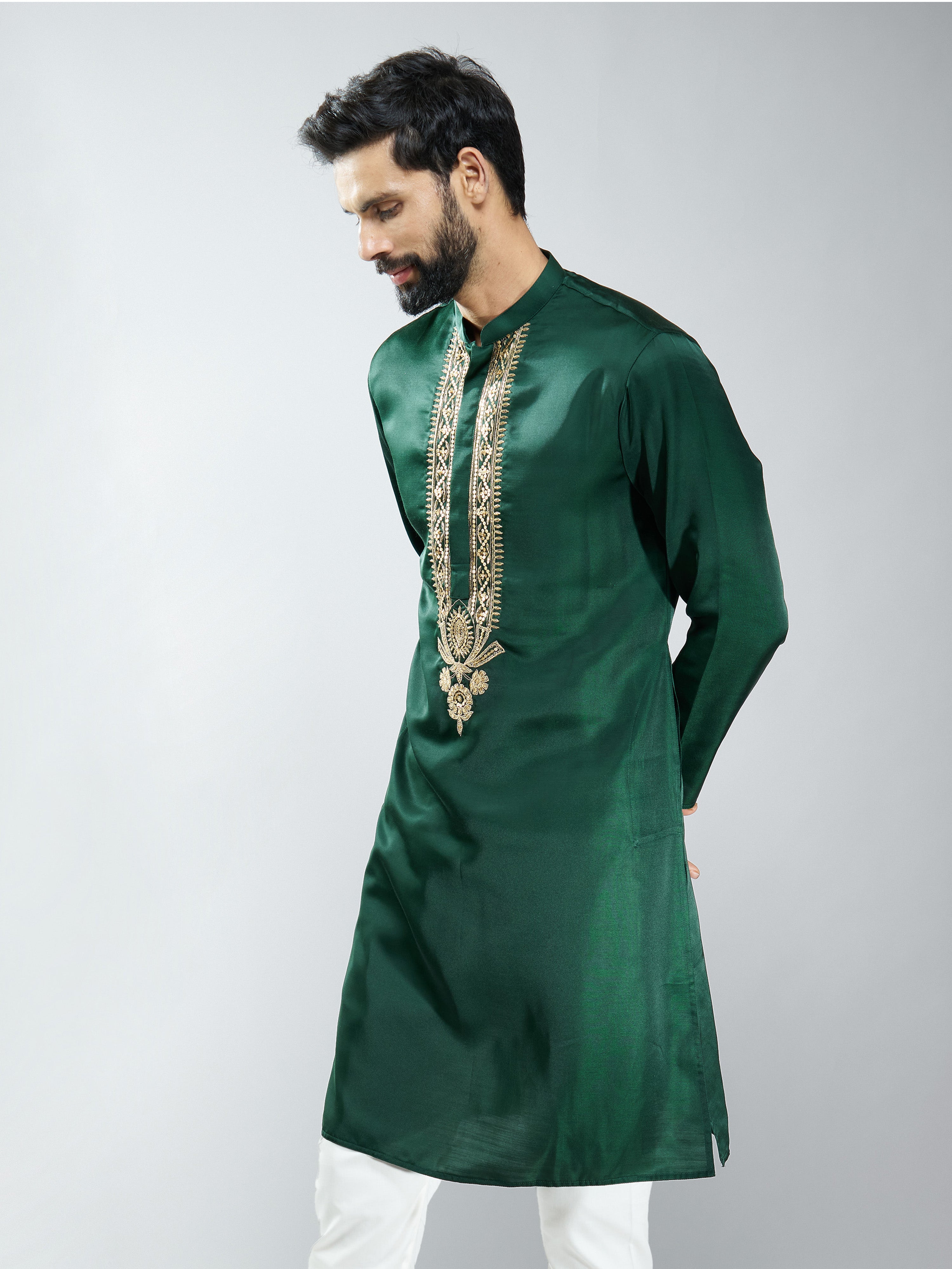 Men Bottle Green Silk Embroidered Kurta