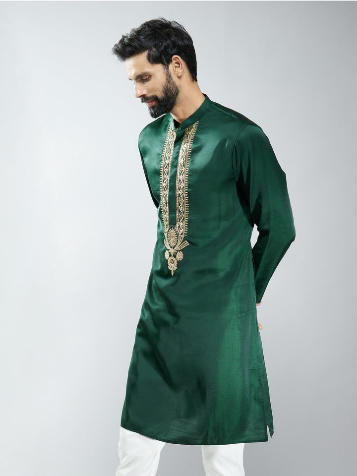 Men Bottle Green Silk Embroidered Kurta