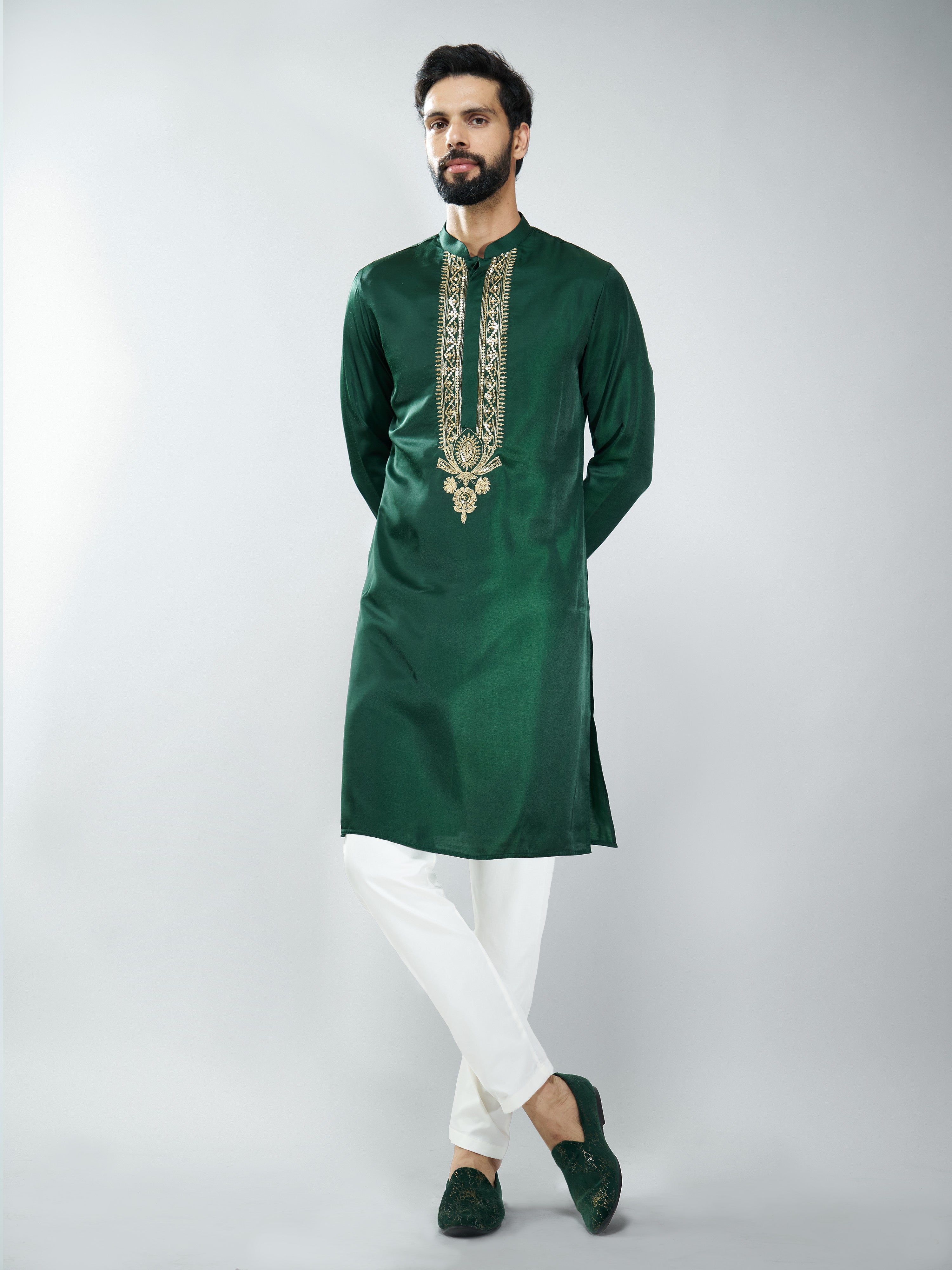 Men Bottle Green Silk Embroidered Kurta
