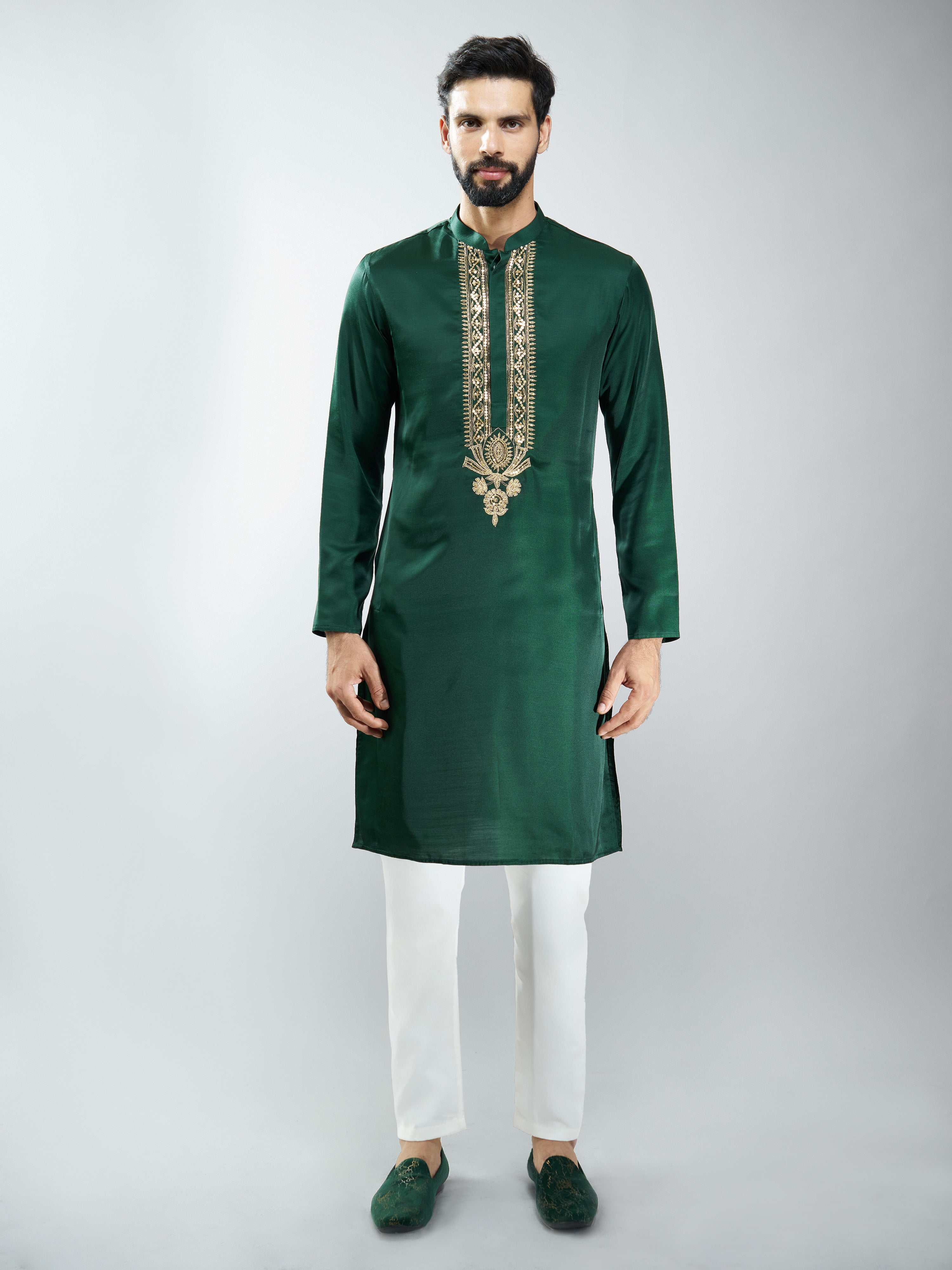 Men Silk Embroidered Kurta with Cream Satin Pyjama