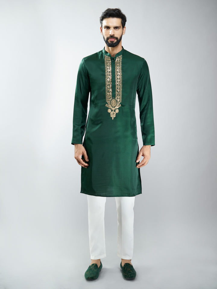 Men Silk Embroidered Kurta with Cream Satin Pyjama