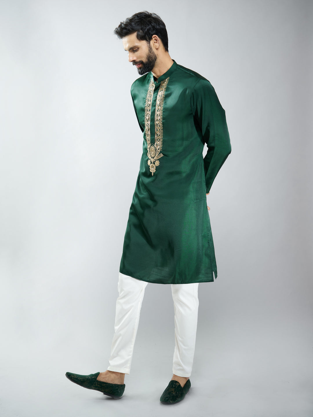 Men Silk Embroidered Kurta with Cream Satin Pyjama