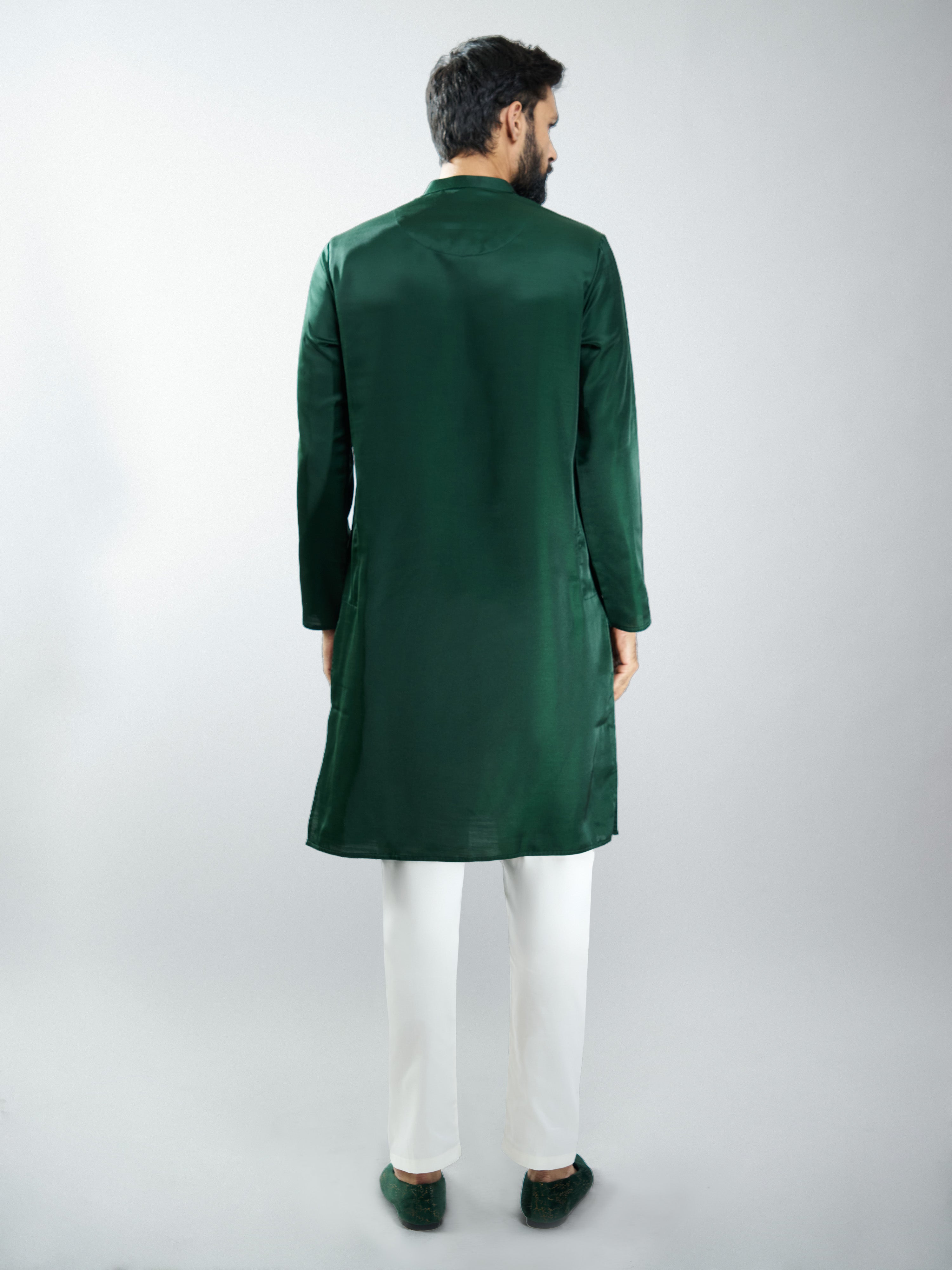 Men Silk Embroidered Kurta with Cream Satin Pyjama