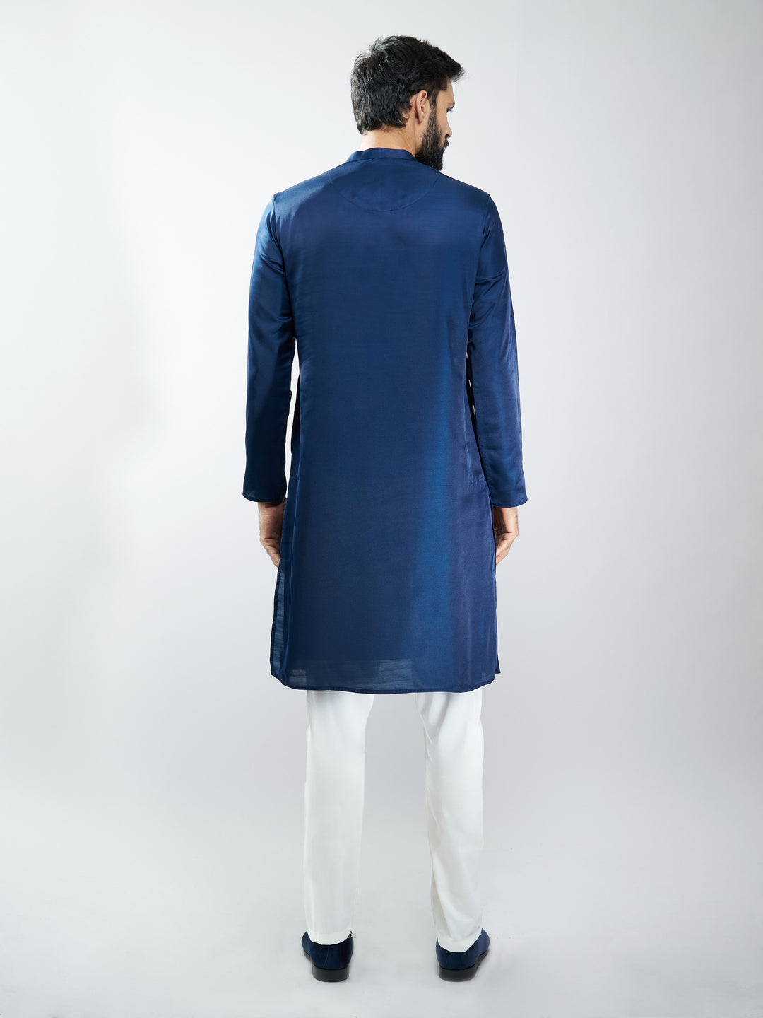 Men Silk Embroidered Kurta with Cream Satin Pyjama