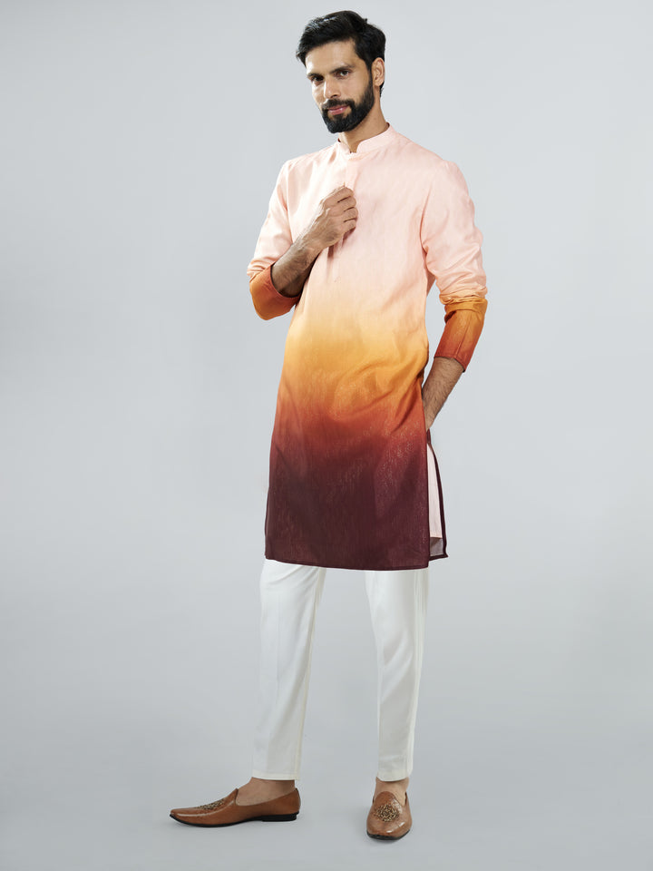 Men Brown Silk Blend Ombre Kurta Set with Cream Pant