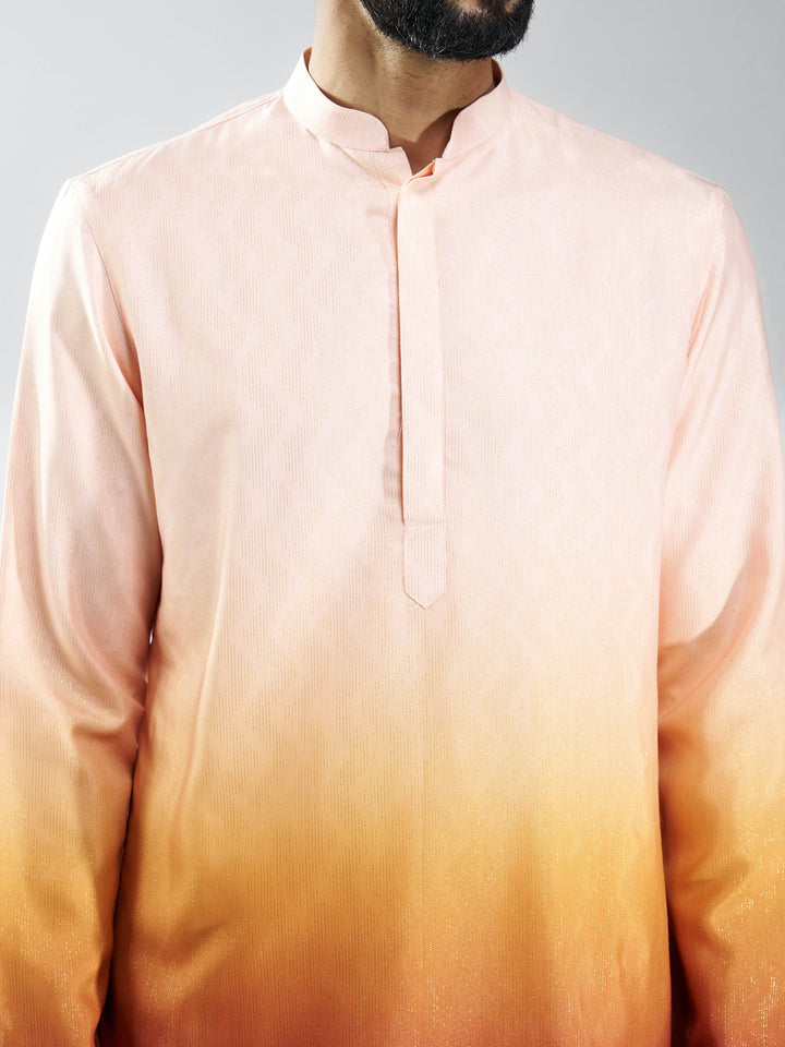 Men Brown Silk Blend Ombre Kurta Set with Cream Pant
