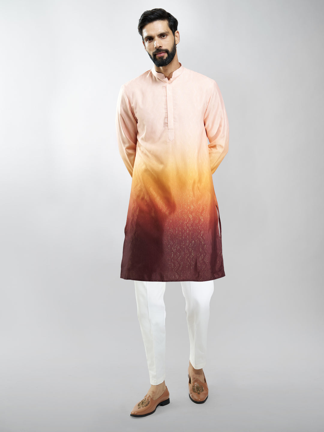 Men Brown Silk Blend Ombre Kurta Set with Cream Pant