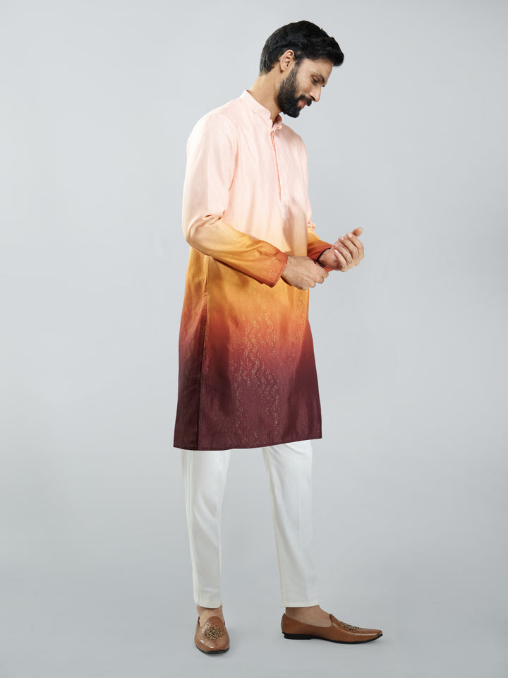 Men Brown Silk Blend Ombre Kurta Set with Cream Pant