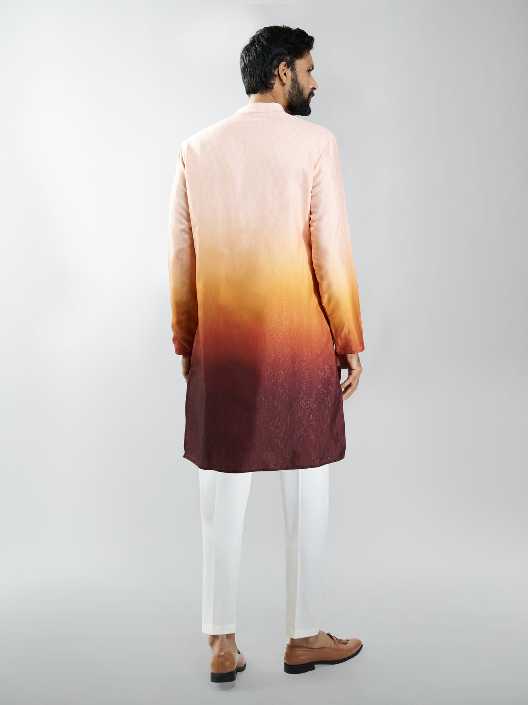 Men Brown Silk Blend Ombre Kurta Set with Cream Pant