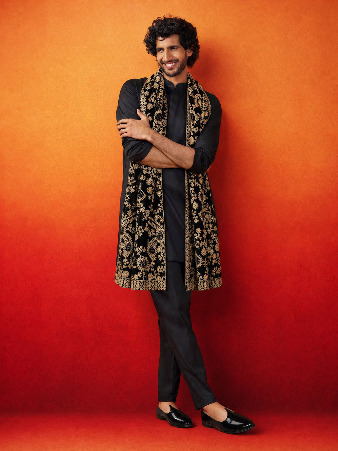 Men Black Satin Mid Length Kurta & Pant with Dupatta Festive Ethnic Wear