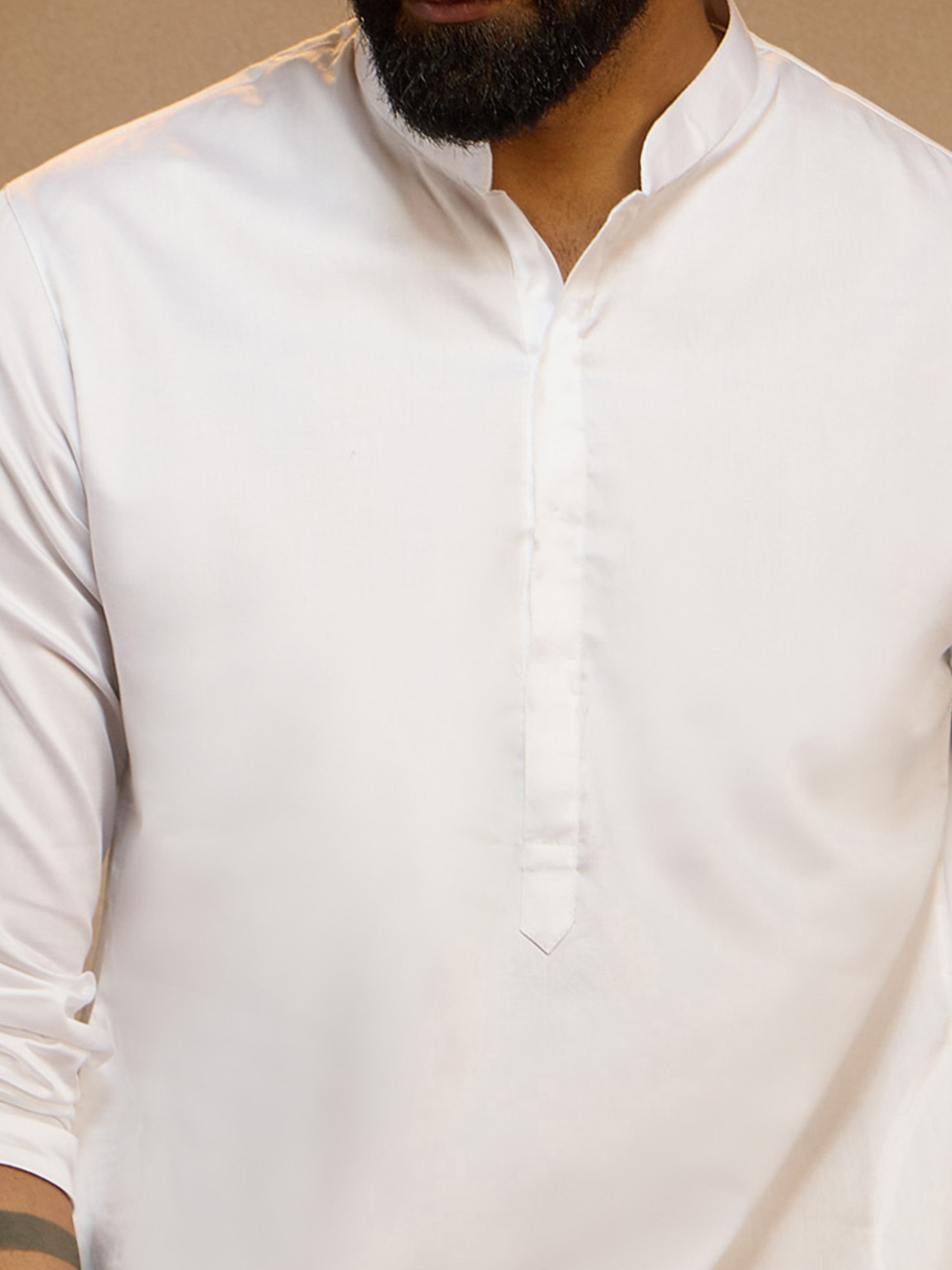 Men's White Satin Solid Thigh Length Kurta