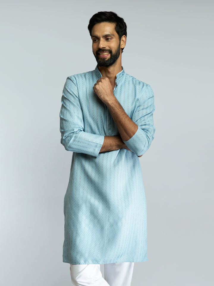 Men Aqua Cotton Blend Jacquard Embroidered Long Kurta with White Pyjama Set