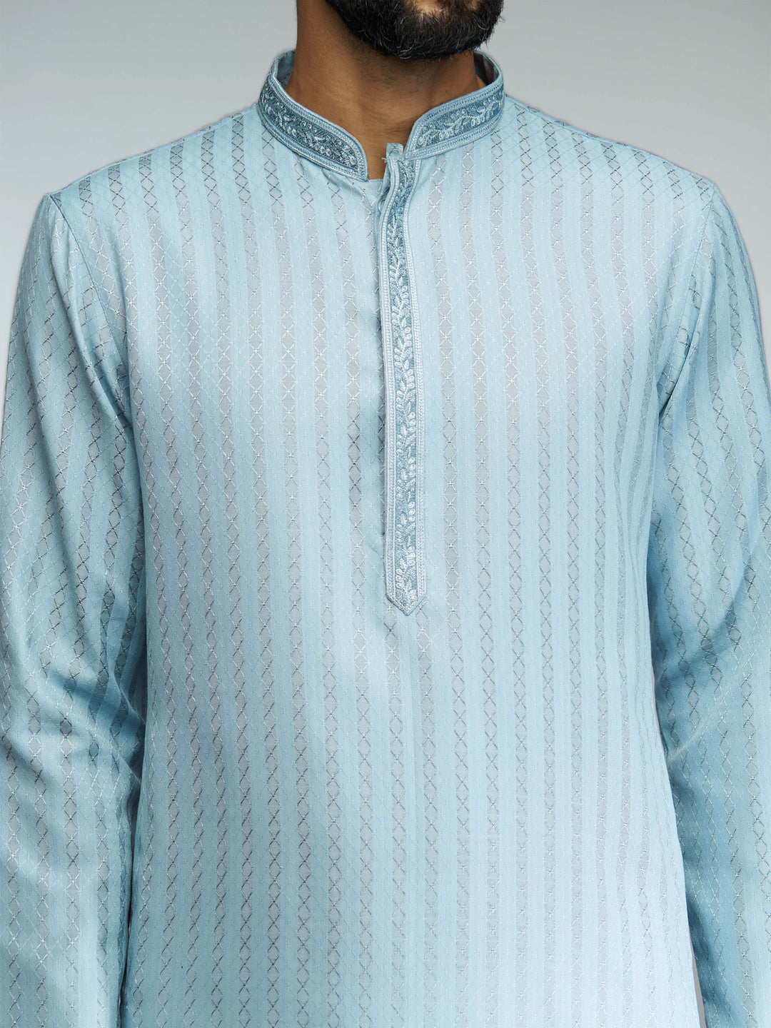 Men Aqua Cotton Blend Jacquard Embroidered Long Kurta with White Pyjama Set