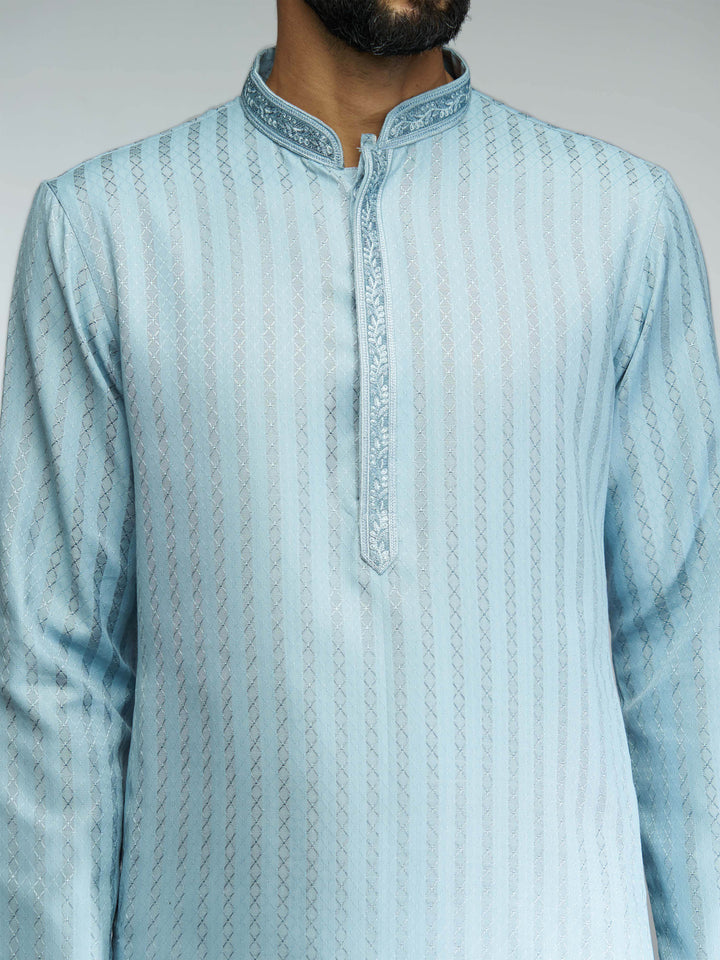 Men Aqua Cotton Blend Jacquard Embroidered Long Kurta with White Pyjama Set