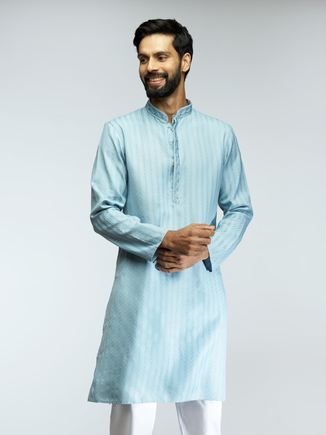 Men Aqua Cotton Blend Jacquard Embroidered Long Kurta with White Pyjama Set