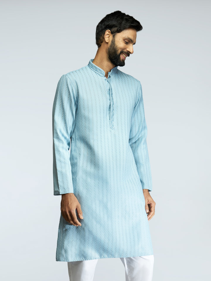 Men Aqua Cotton Blend Jacquard Embroidered Long Kurta with White Pyjama Set