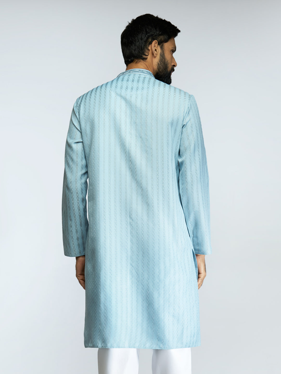 Men Aqua Cotton Blend Jacquard Embroidered Long Kurta with White Pyjama Set