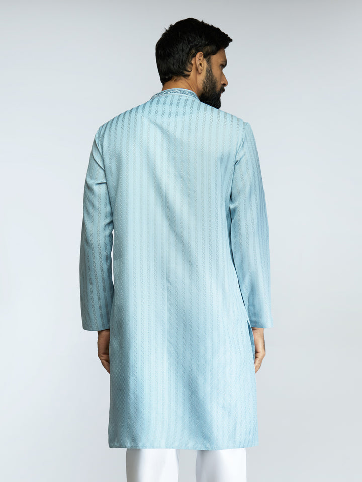Men Aqua Cotton Blend Jacquard Embroidered Long Kurta with White Pyjama Set