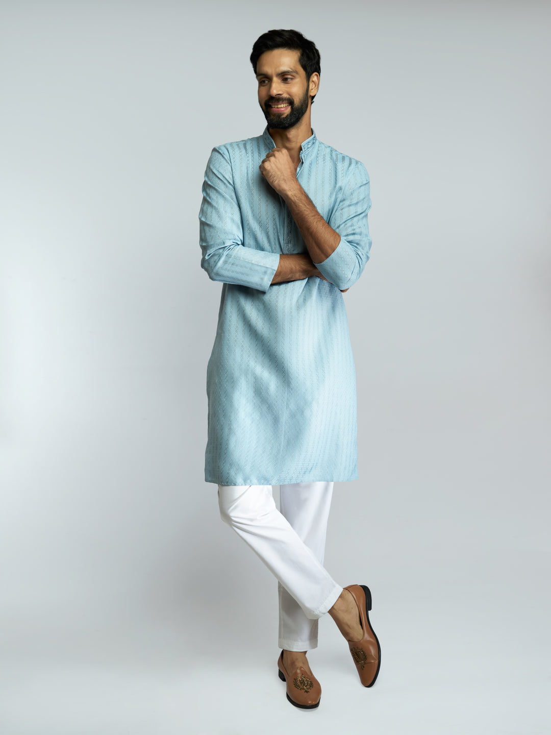 Men Aqua Cotton Blend Jacquard Embroidered Long Kurta with White Pyjama Set
