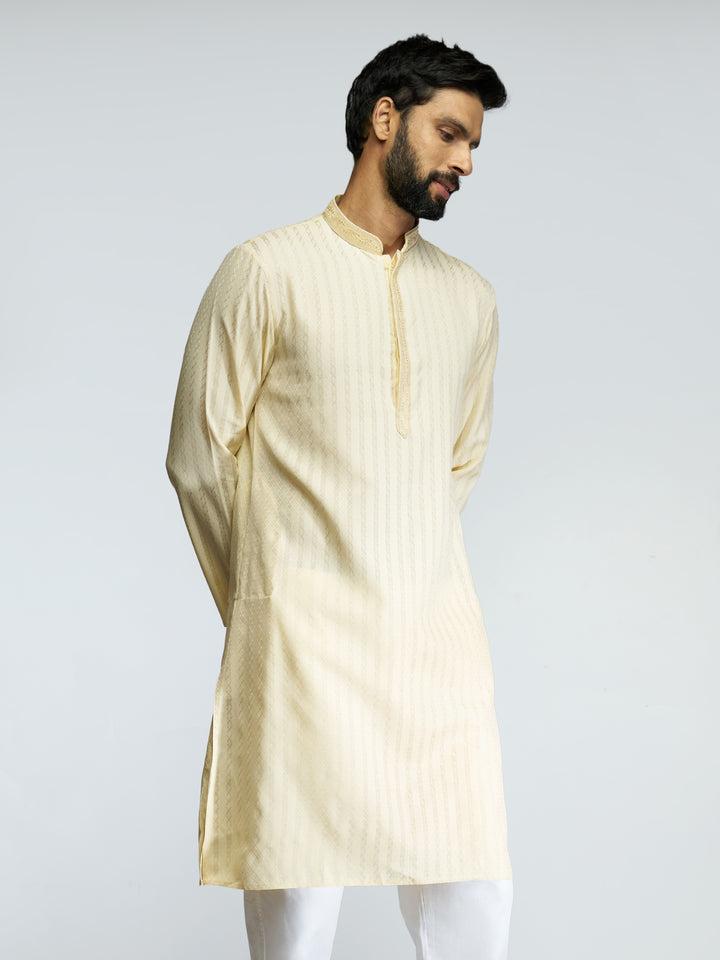 Men Yellow Cotton Blend Jacquard Embroidered Long Kurta
