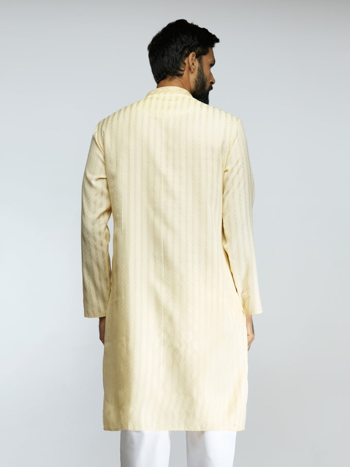 Men Yellow Cotton Blend Jacquard Embroidered Long Kurta