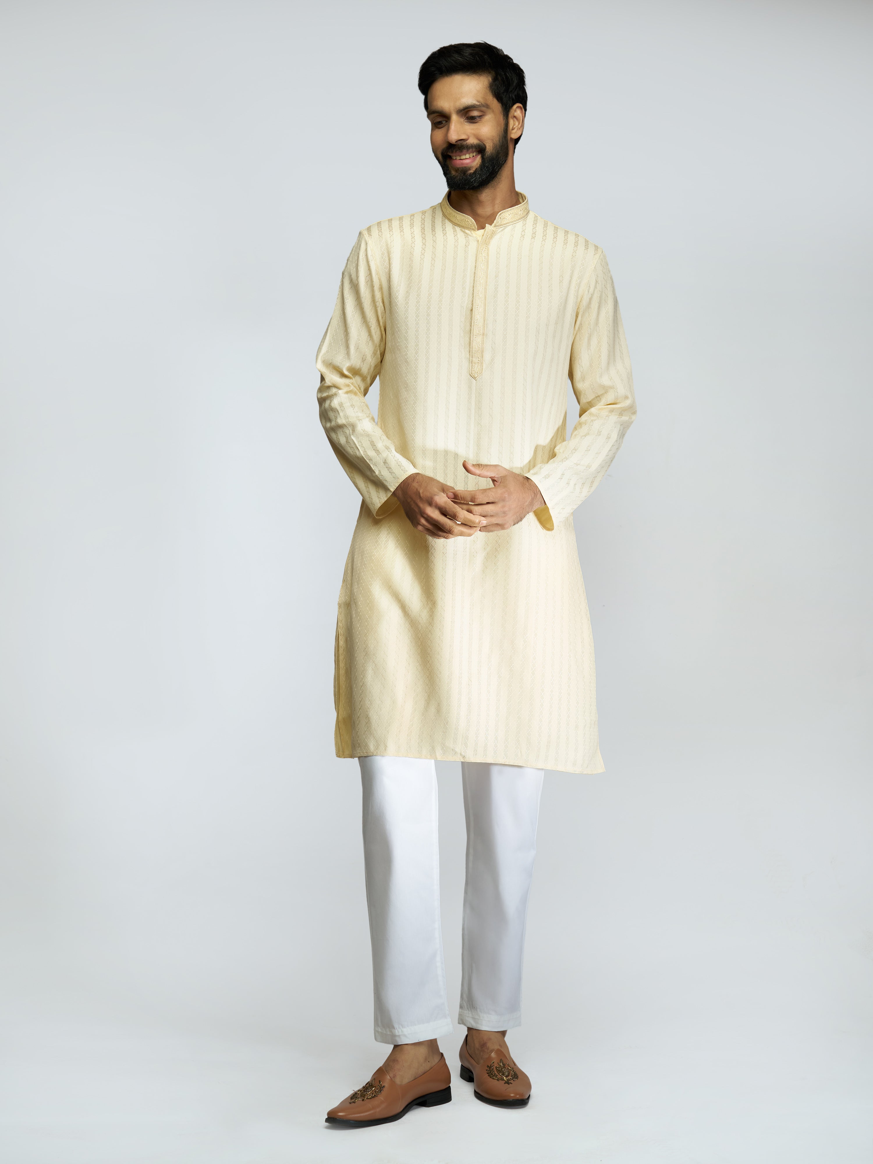 Men Yellow Cotton Blend Jacquard Embroidered Long Kurta