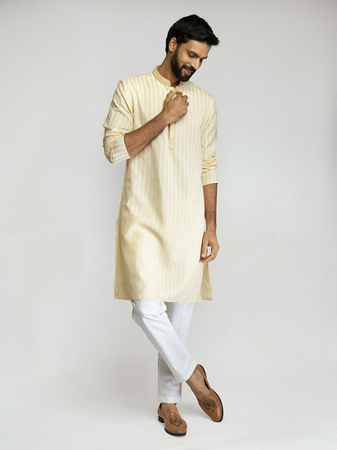 Men Yellow Cotton Blend Jacquard Embroidered Long Kurta with White Pyjama Set