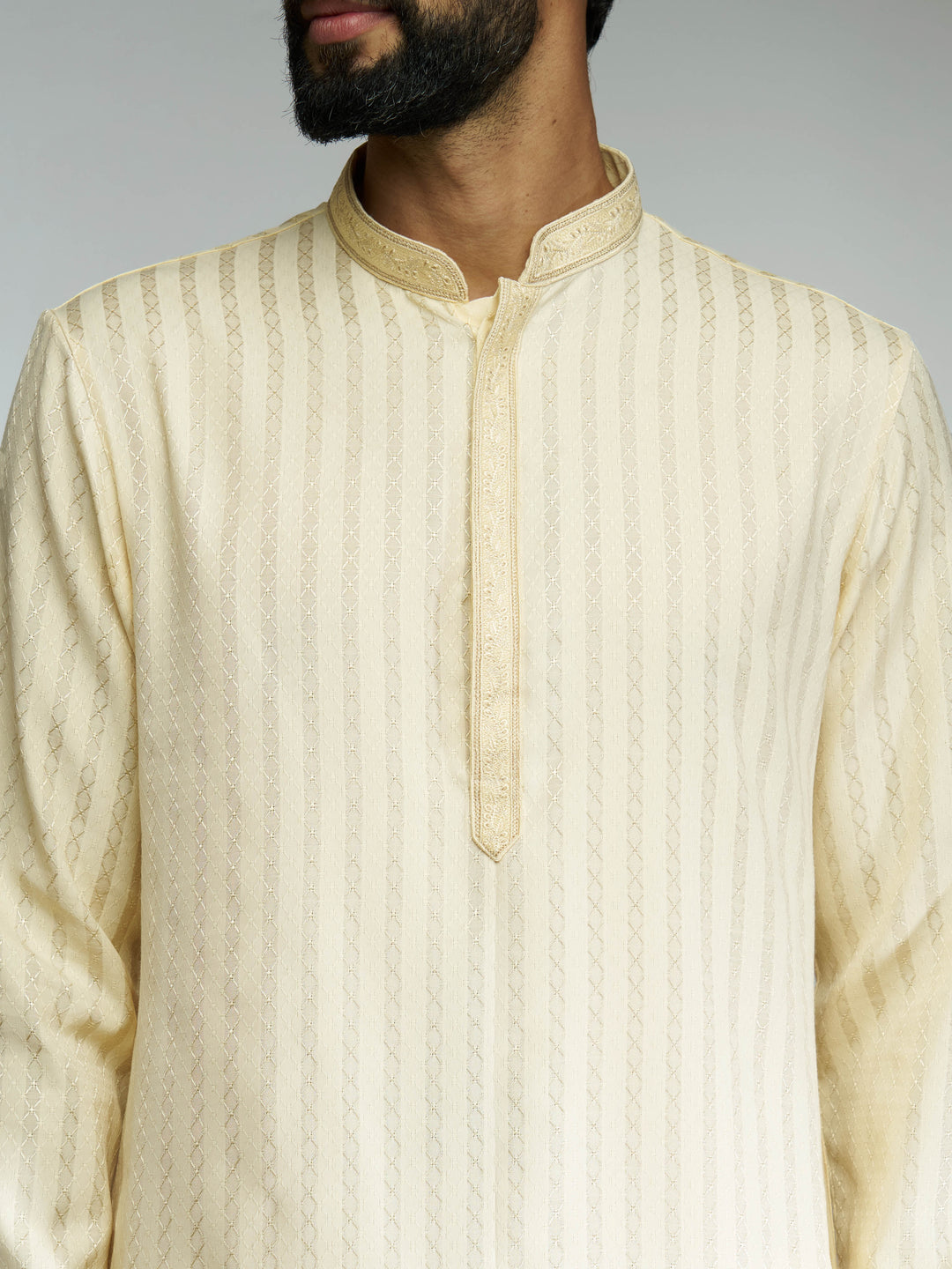 Men Yellow Cotton Blend Jacquard Embroidered Long Kurta with White Pyjama Set