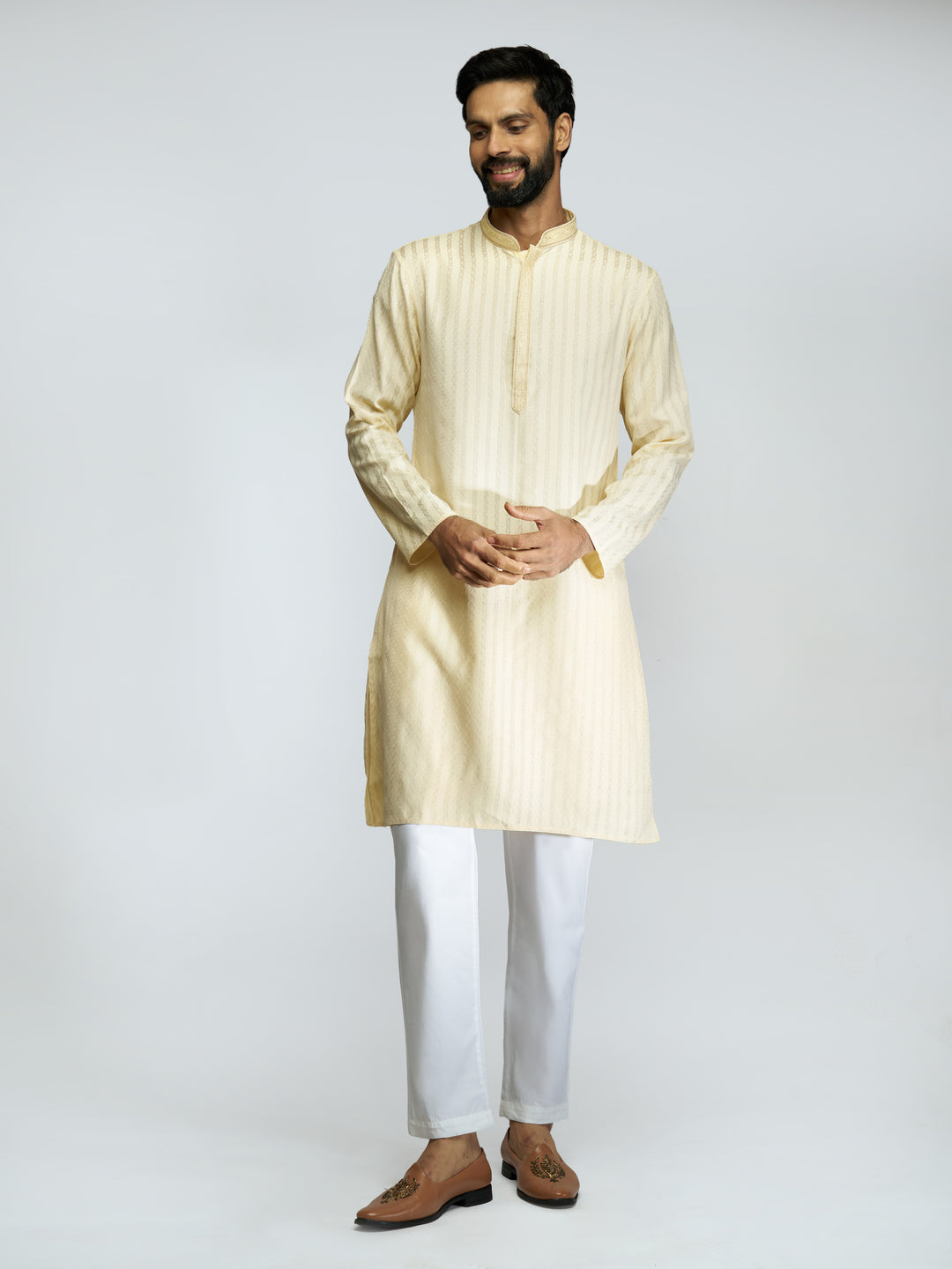 Men Yellow Cotton Blend Jacquard Embroidered Long Kurta with White Pyjama Set