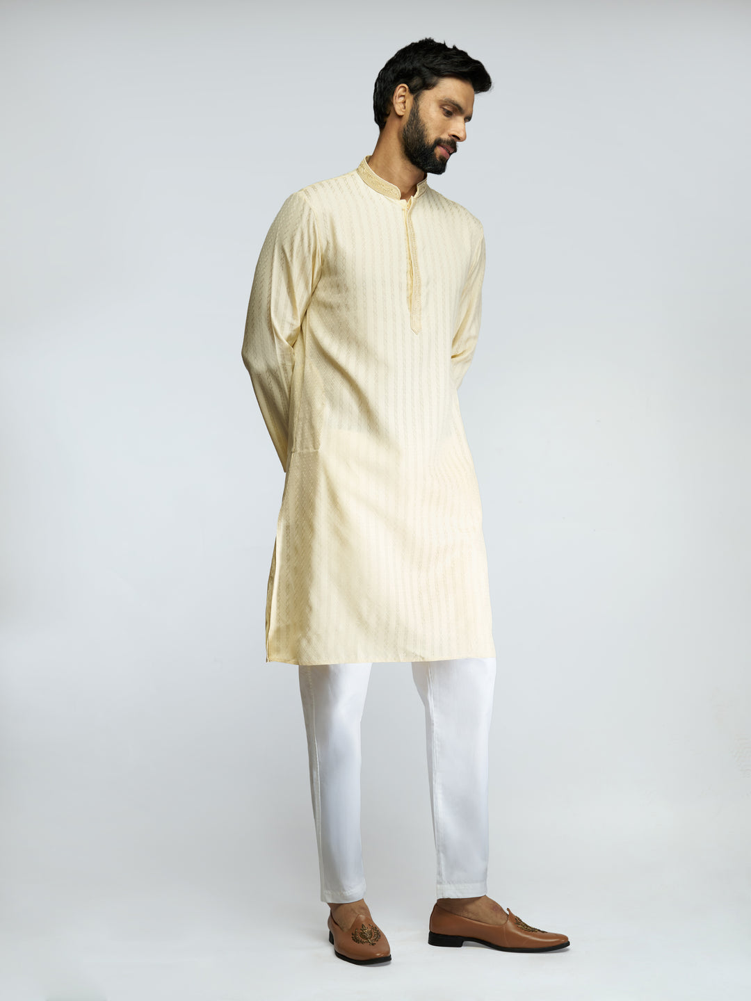 Men Yellow Cotton Blend Jacquard Embroidered Long Kurta with White Pyjama Set