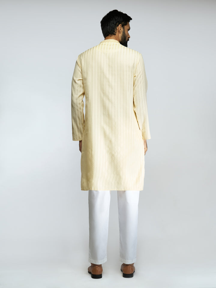 Men Yellow Cotton Blend Jacquard Embroidered Long Kurta with White Pyjama Set