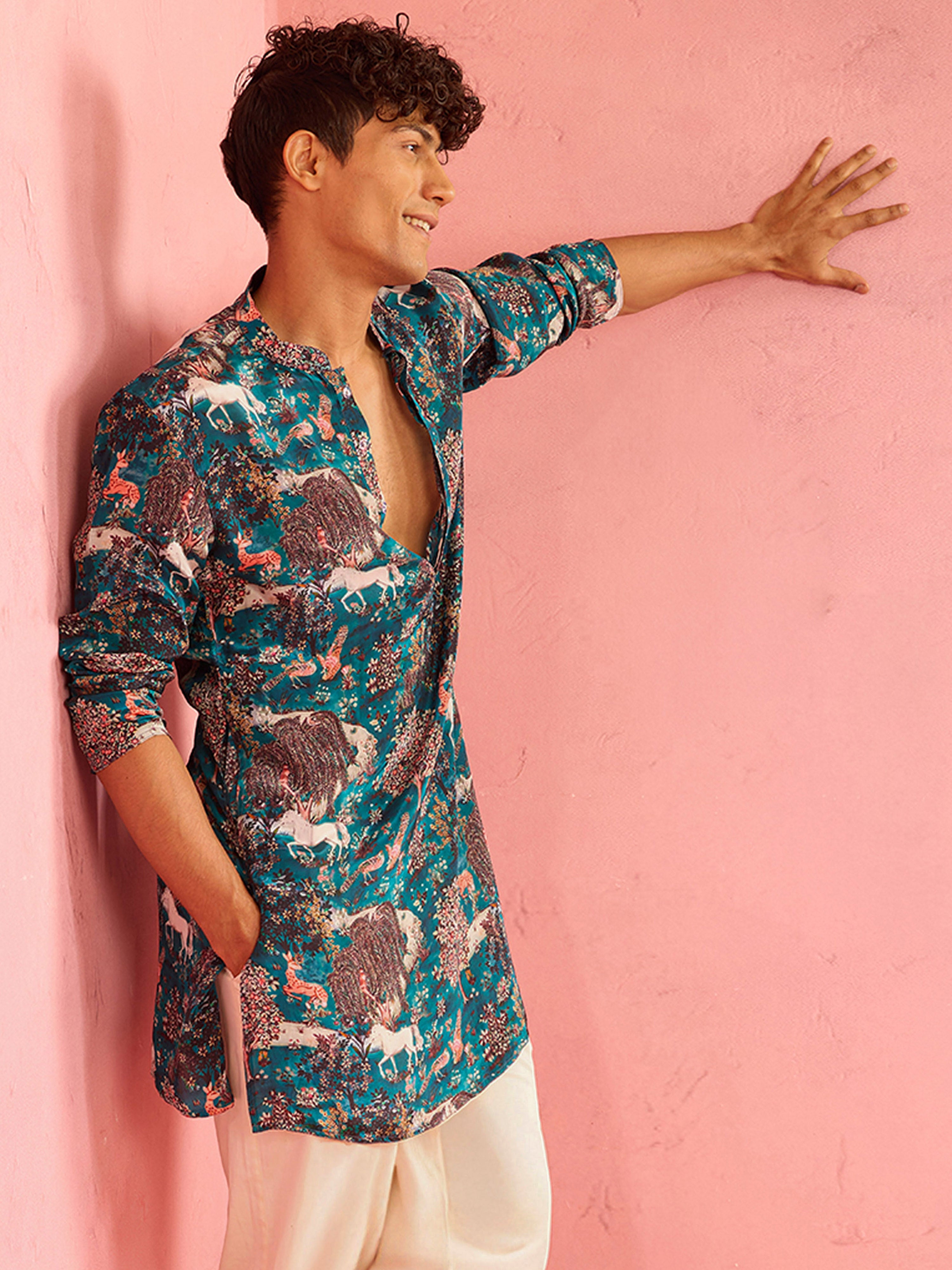 Men's Teal Crepe Animal Print Kurta | Mandarin Collar
