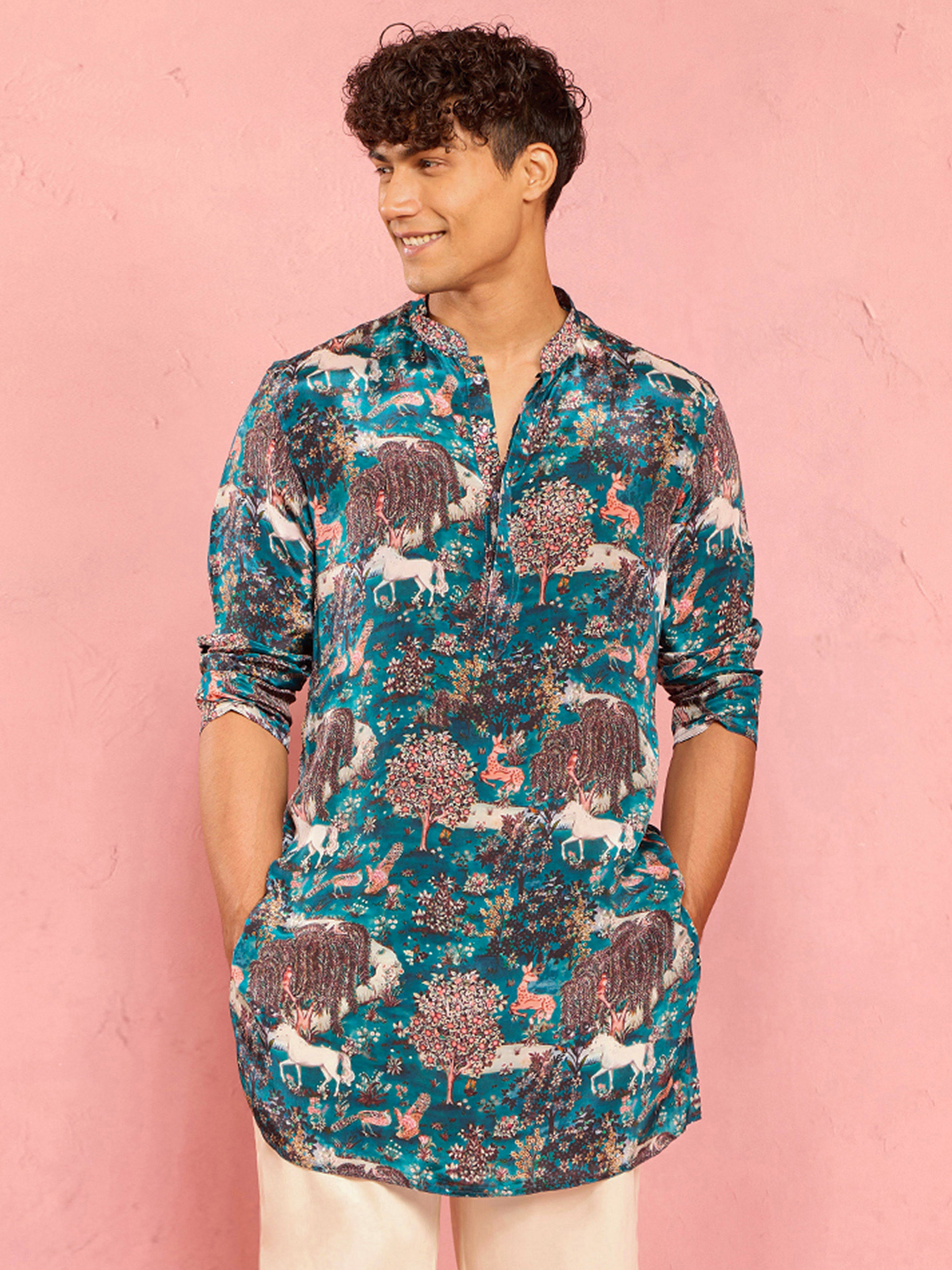 Men Teal Animal Print Plain Thigh Length Kurta
