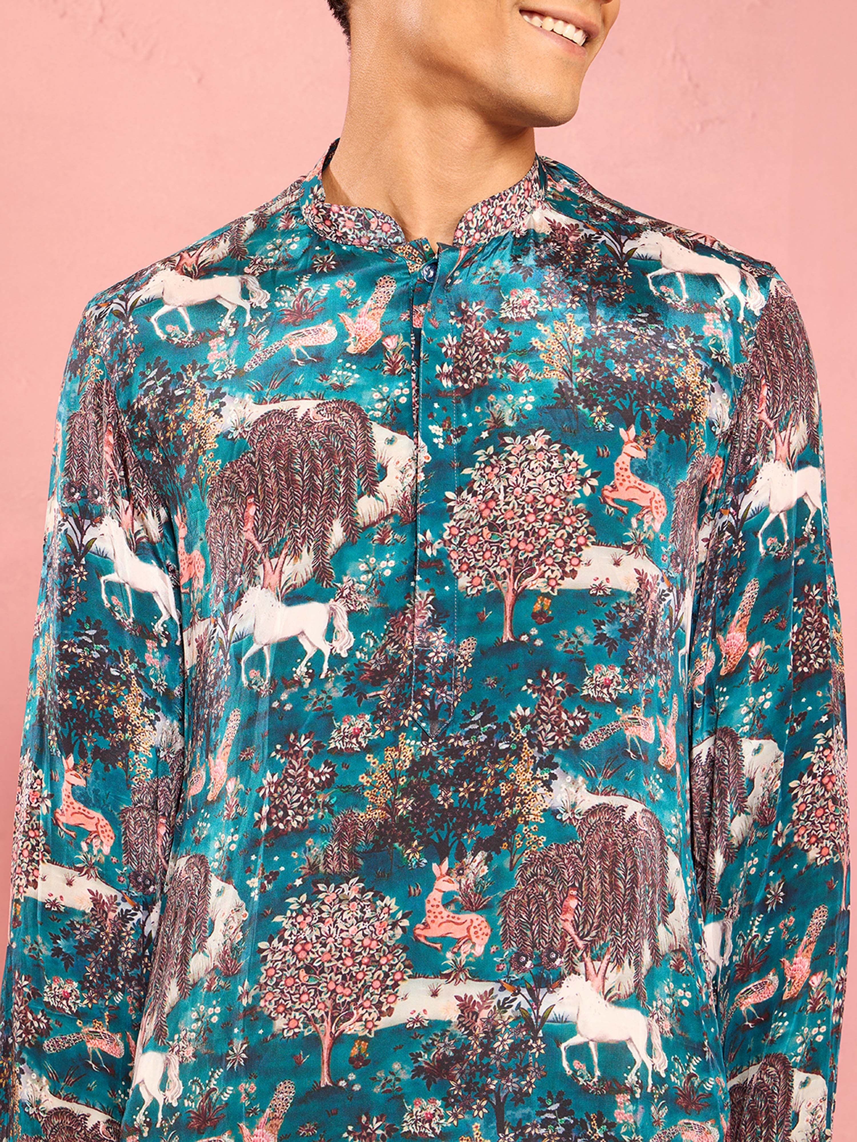 Men's Teal Crepe Animal Thigh Length Kurta Pant Set with Pyjama