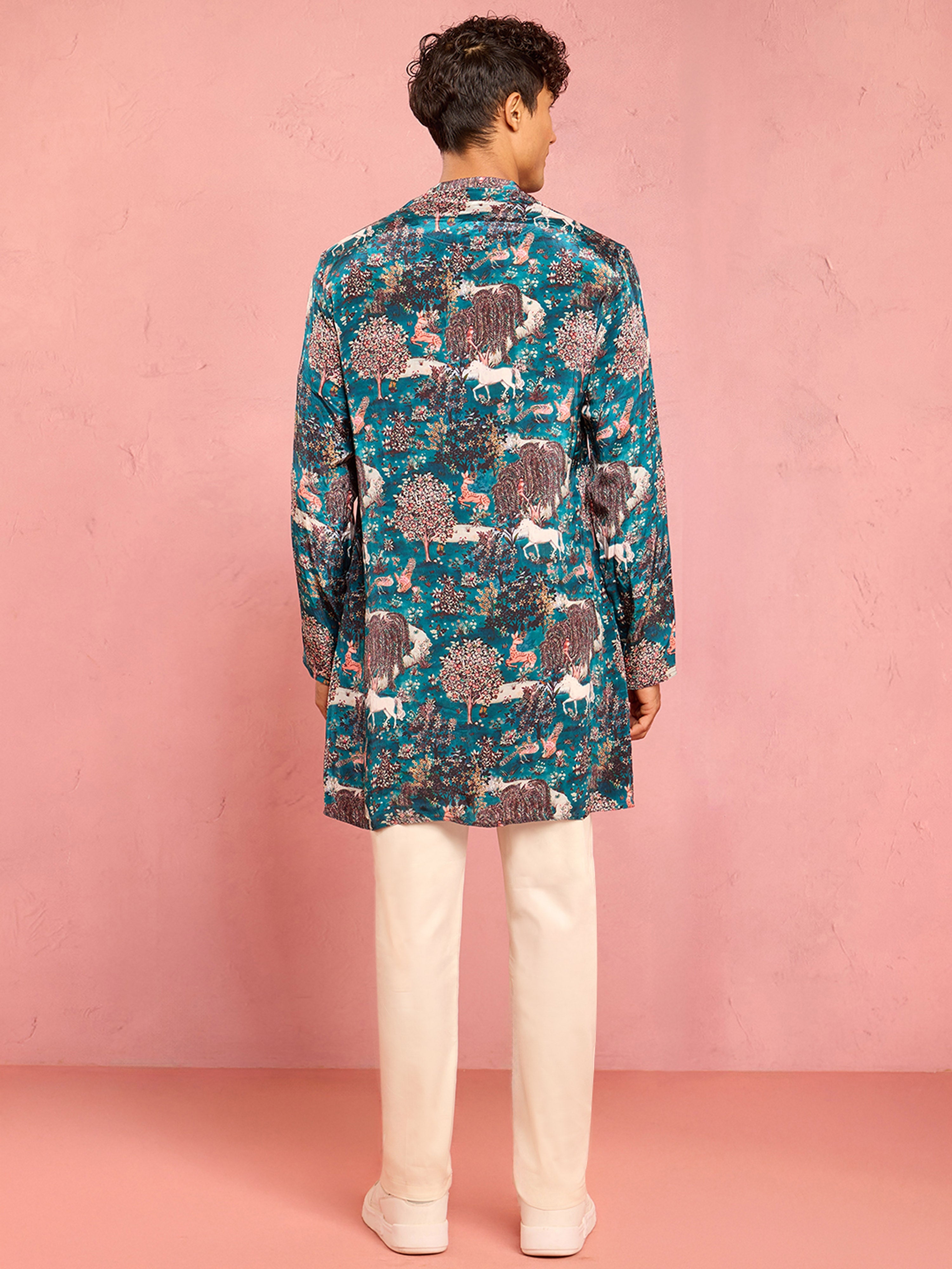 Men's Teal Crepe Animal Thigh Length Kurta Pant Set with Pyjama