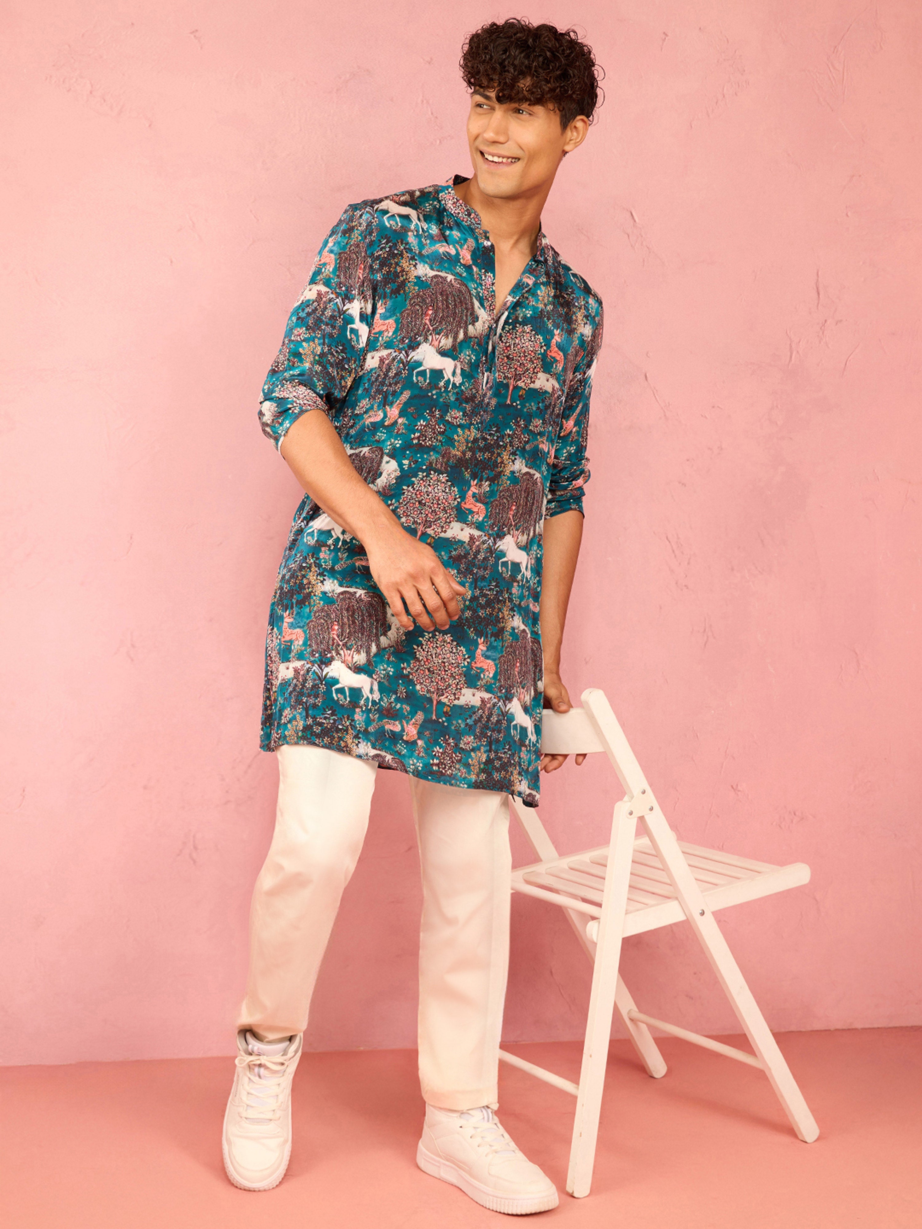 Men's Teal Crepe Animal Thigh Length Kurta Pant Set with Pyjama