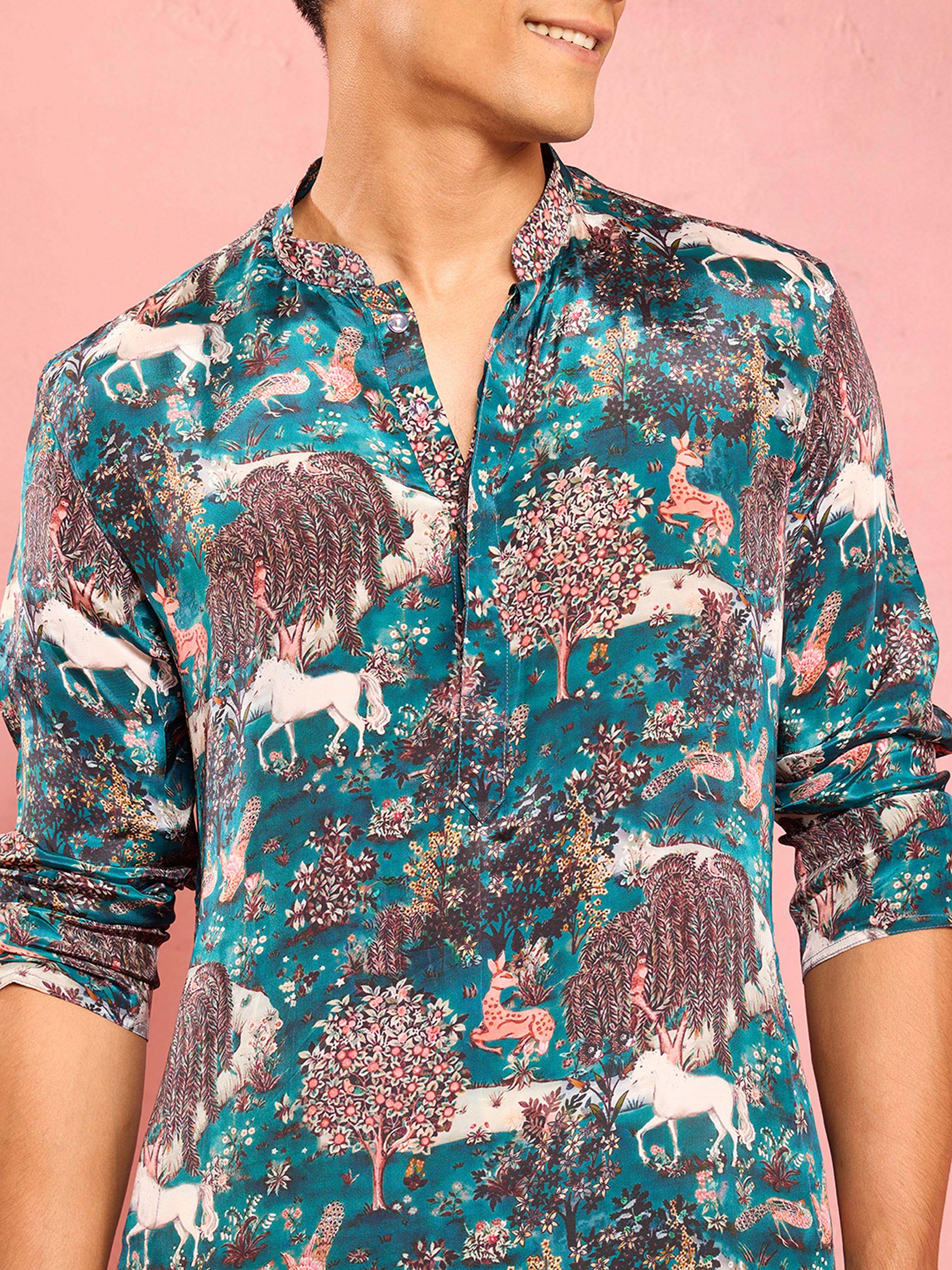 Men's Teal Crepe Animal Thigh Length Kurta Pant Set with Wide Leg Pant