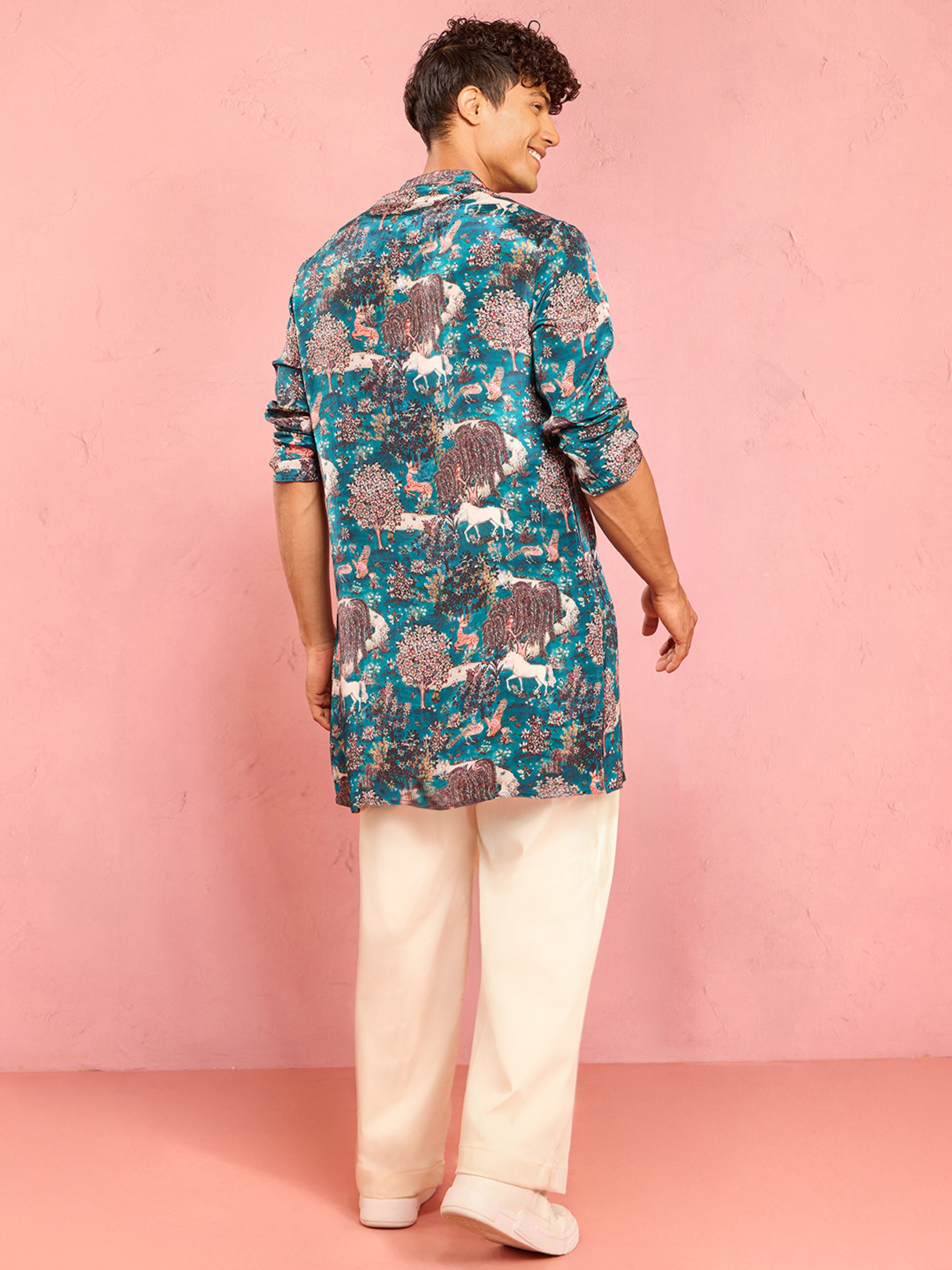 Men's Teal Crepe Animal Thigh Length Kurta Pant Set with Wide Leg Pant