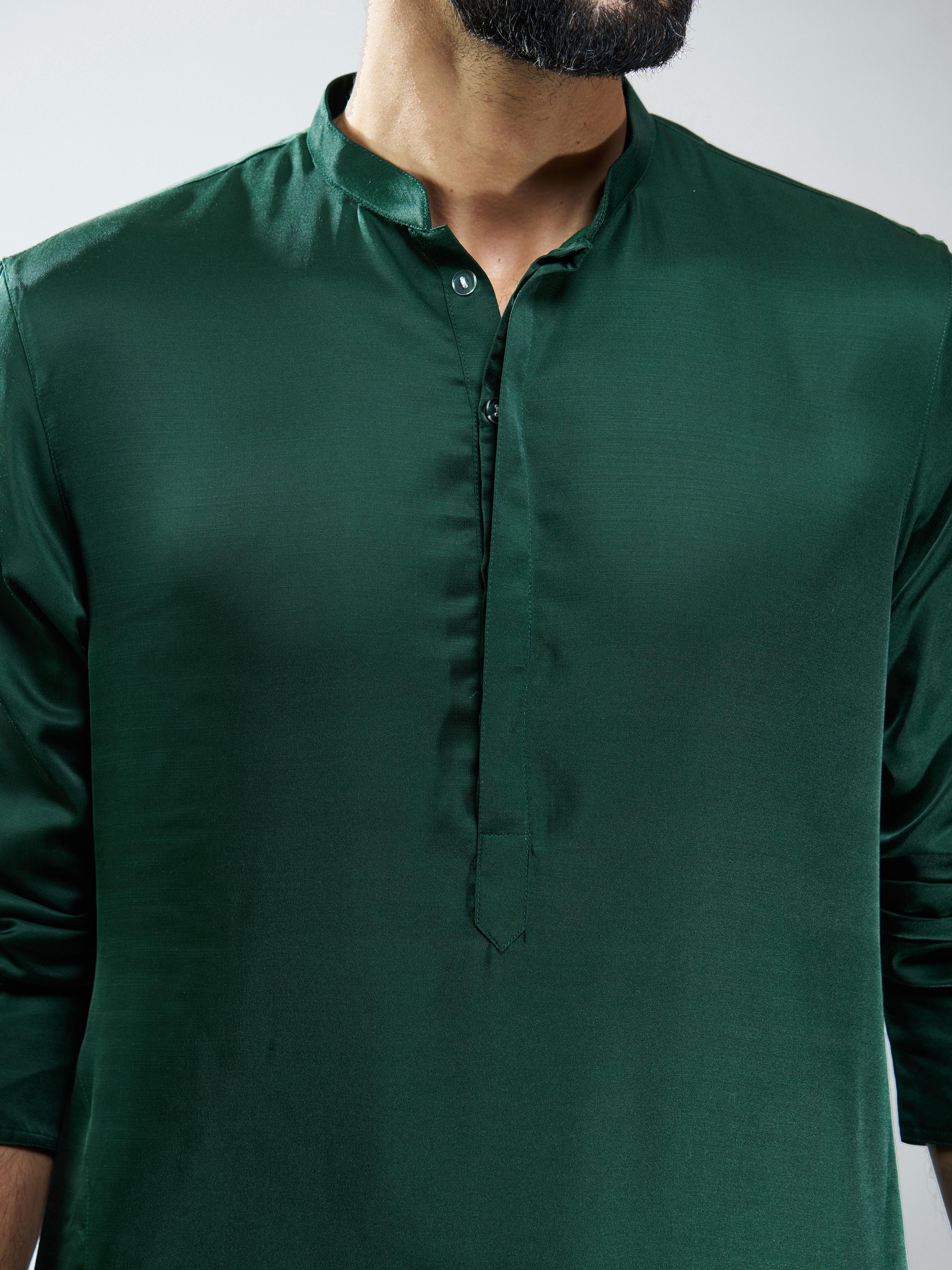 Men Bottle Green Silk Blend Kurta with Cream Cotton Lycra Pyjama Set