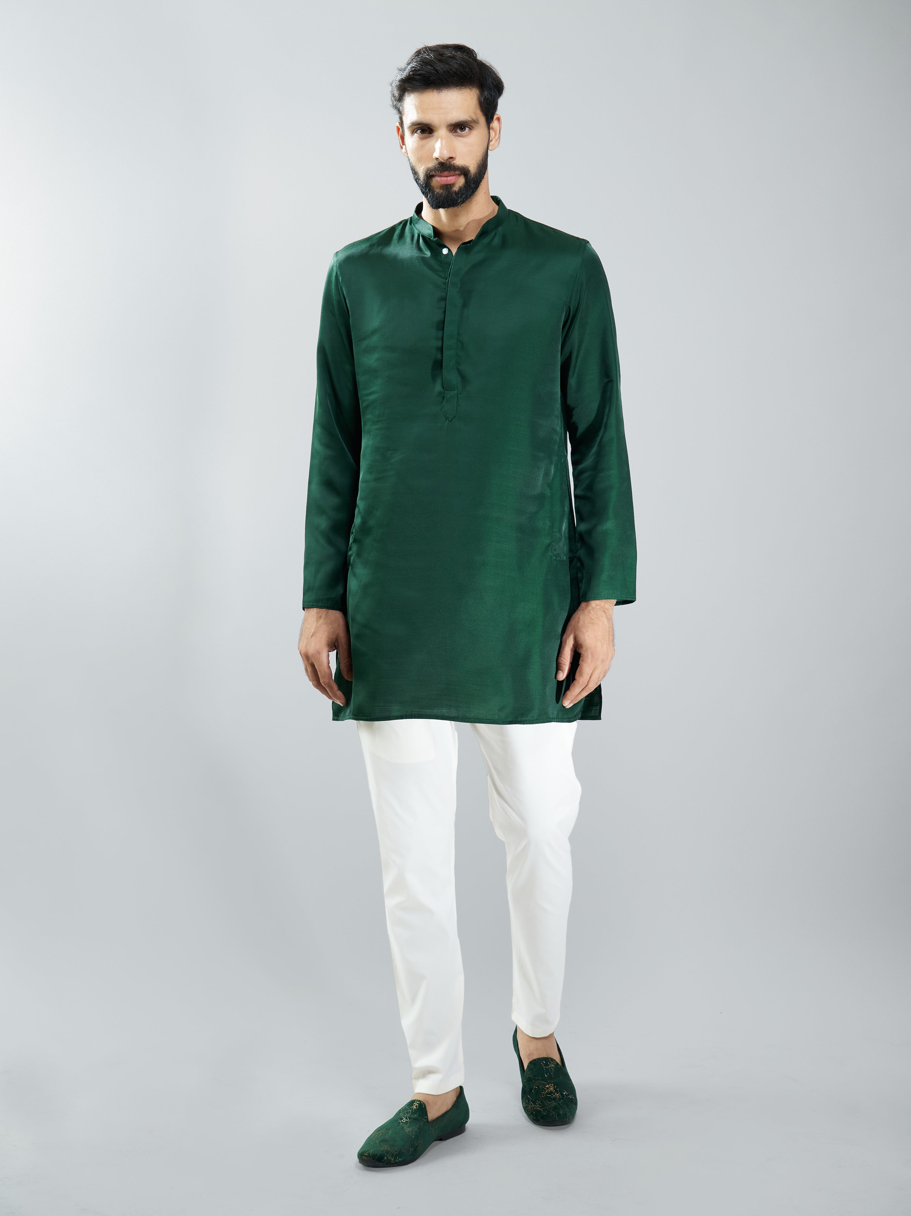 Men Bottle Green Silk Blend Kurta with Cream Cotton Lycra Pyjama Set