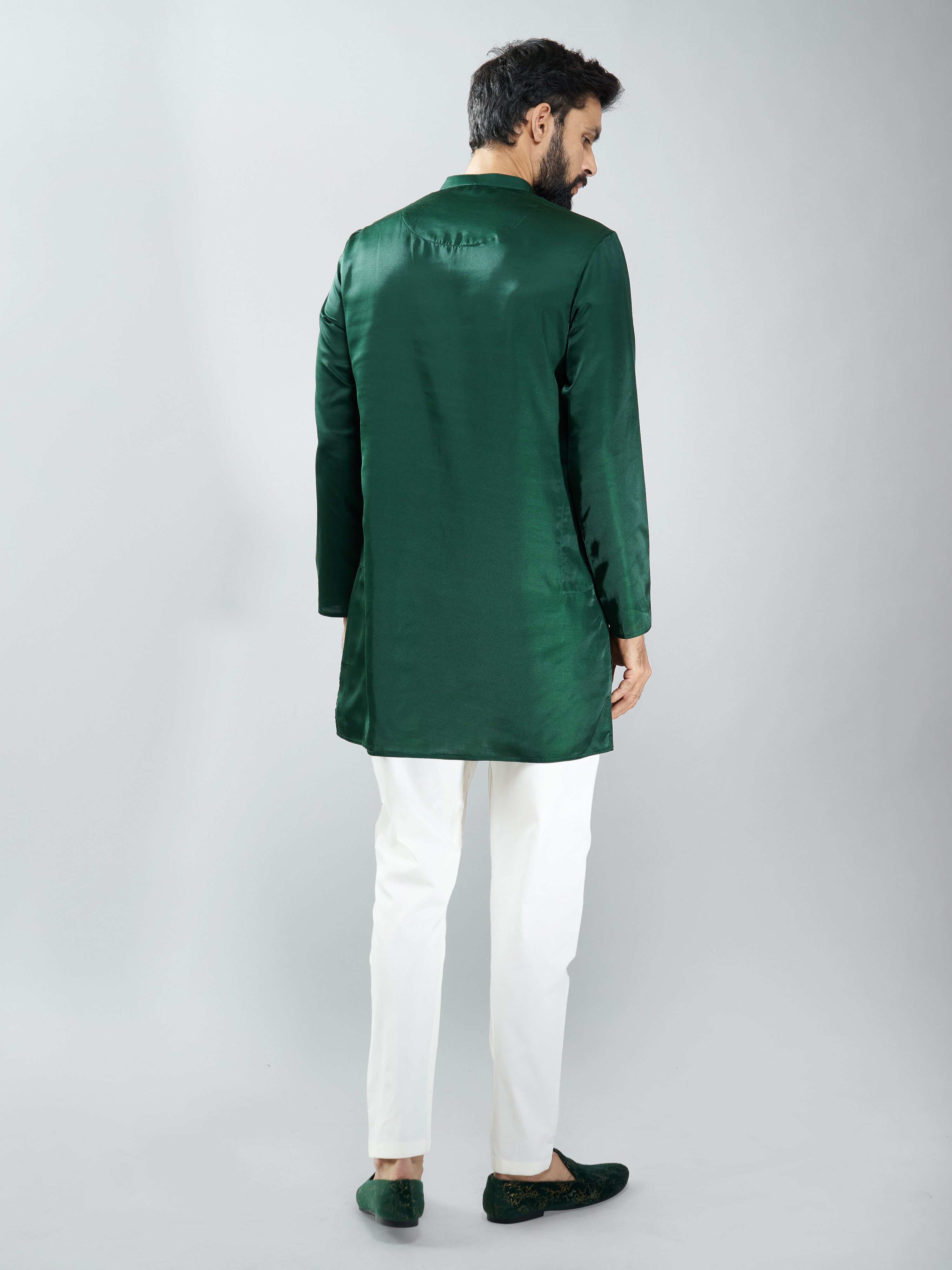 Men Bottle Green Silk Blend Kurta with Cream Cotton Lycra Pyjama Set