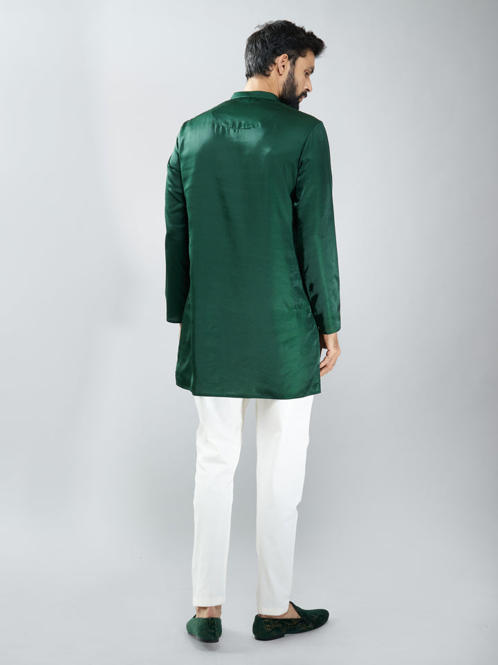 Men Bottle Green Silk Blend Kurta with Cream Cotton Lycra Pyjama Set