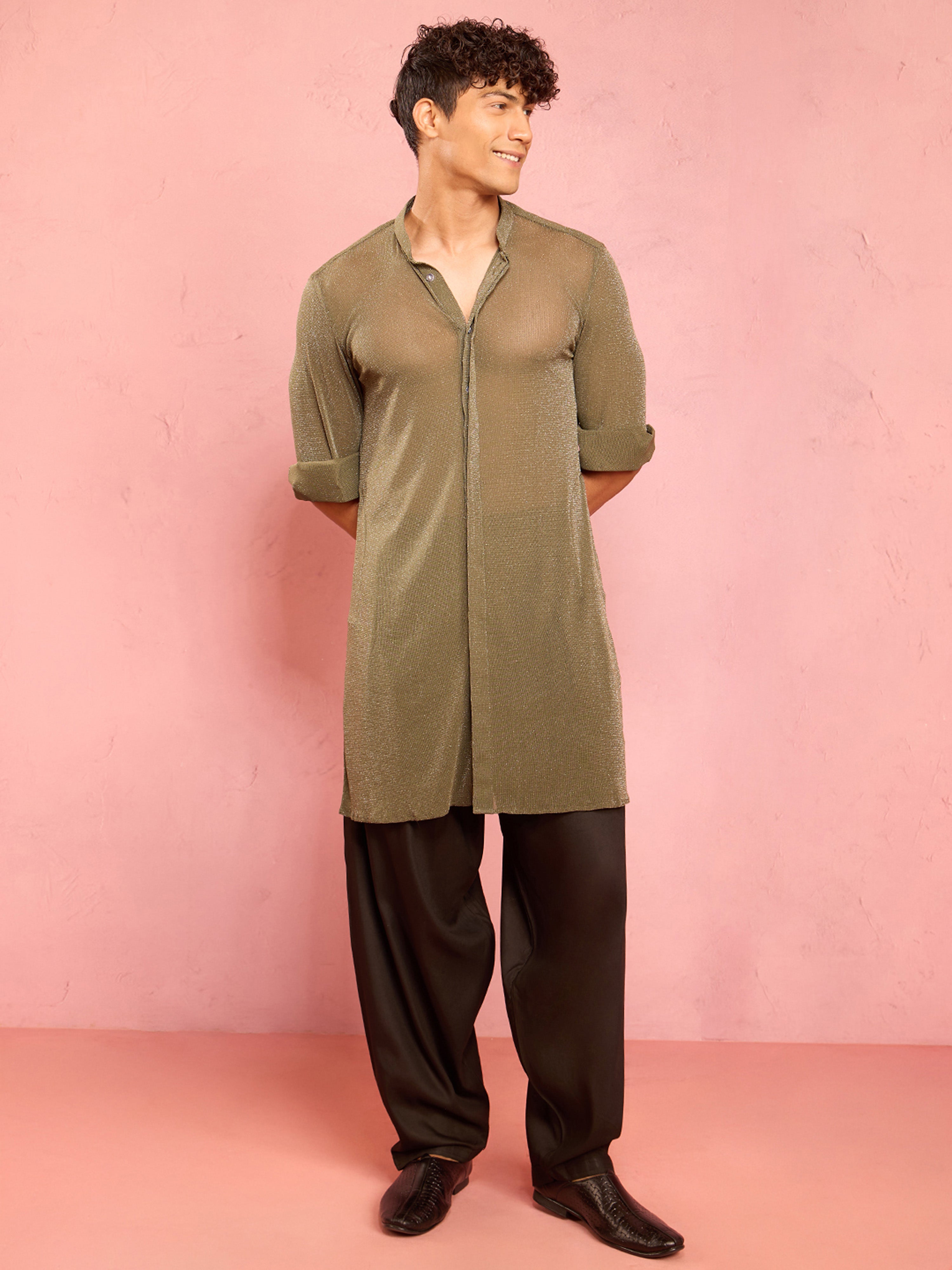 Men's Mehendi Green Solid Lycra Long Kurta