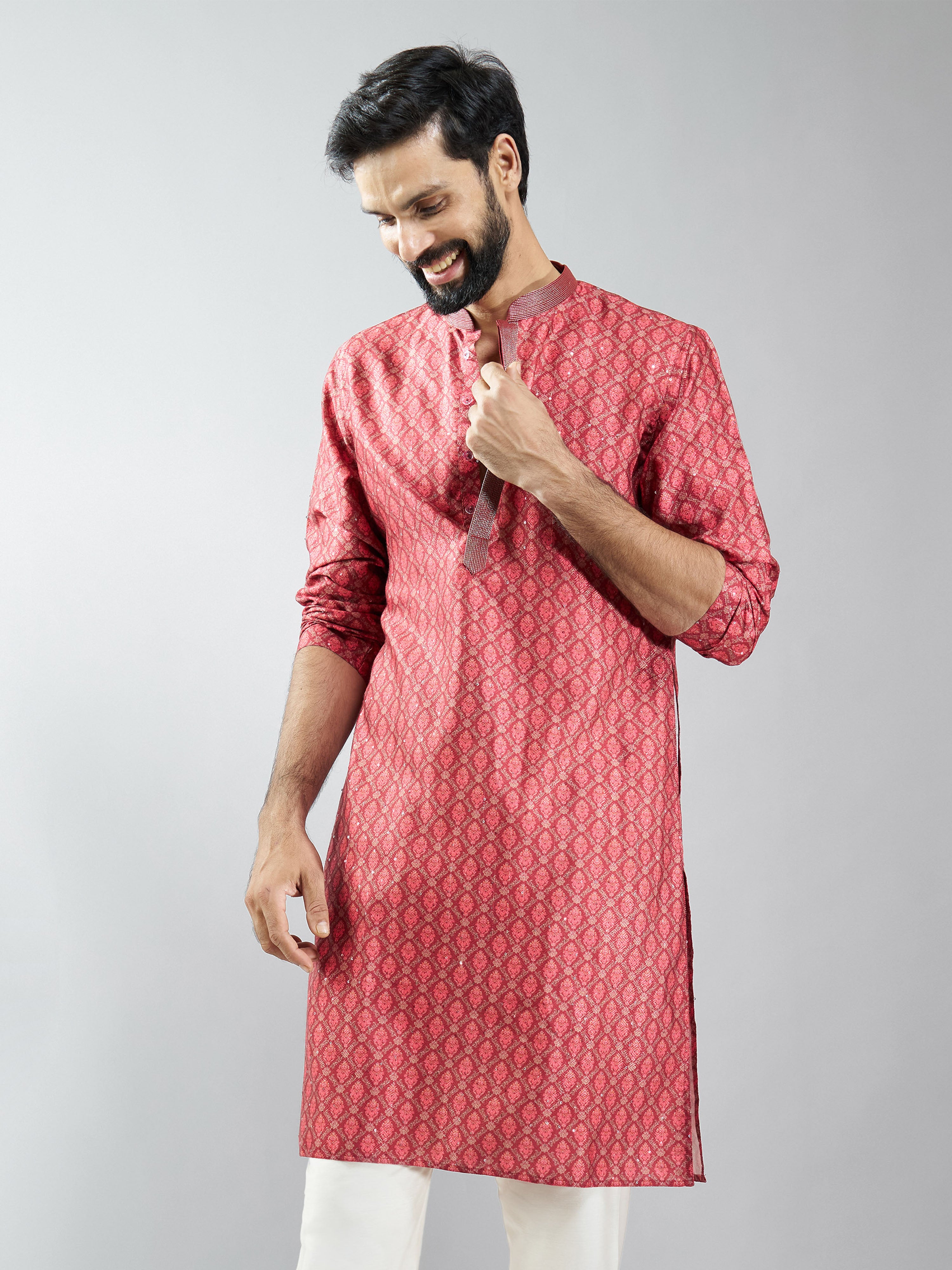 Men Maroon Silk Blend Digital Print Kurta with Sequin Work