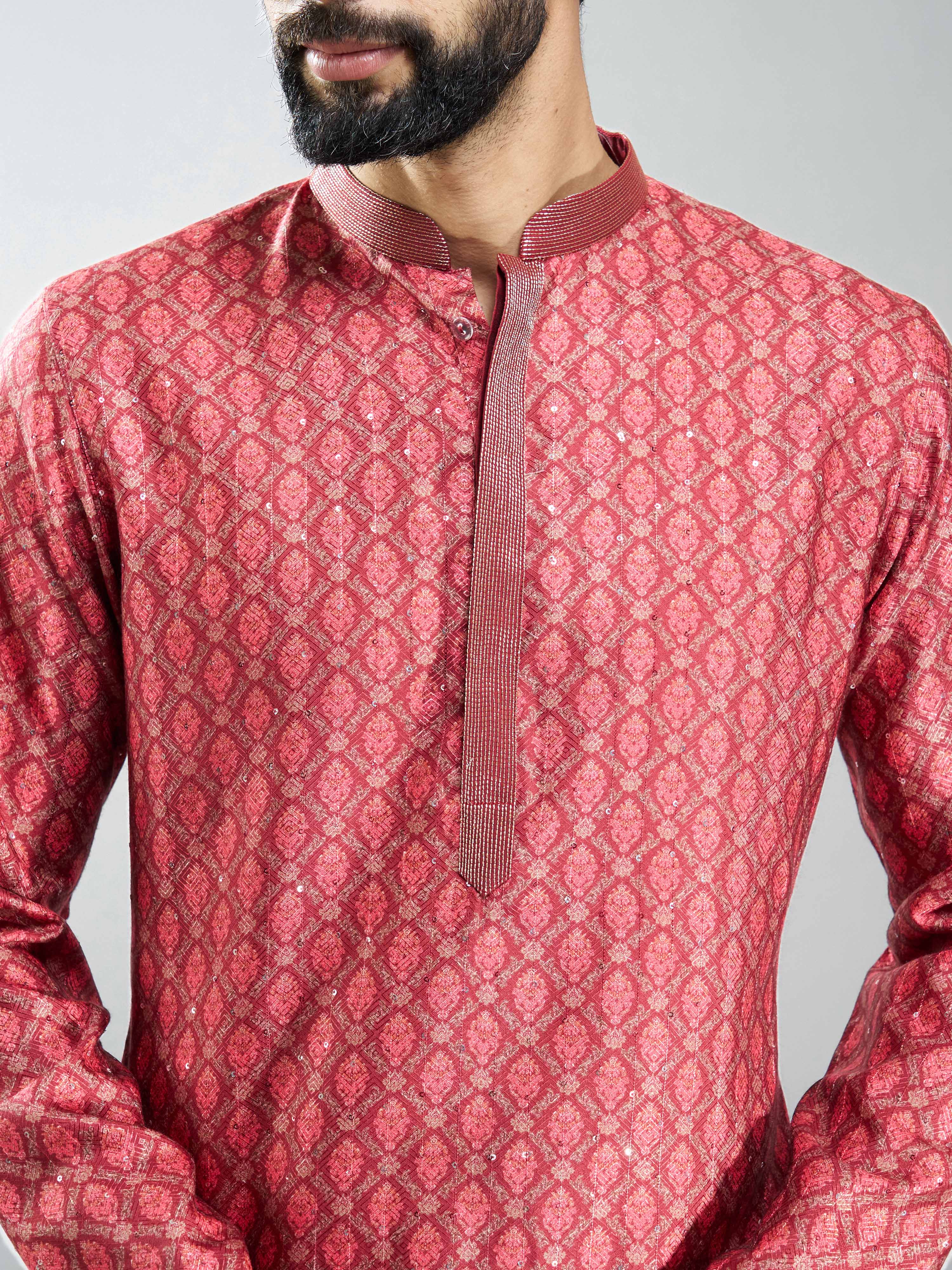 Men Maroon Silk Blend Digital Print Kurta Set with Cream Pyjama
